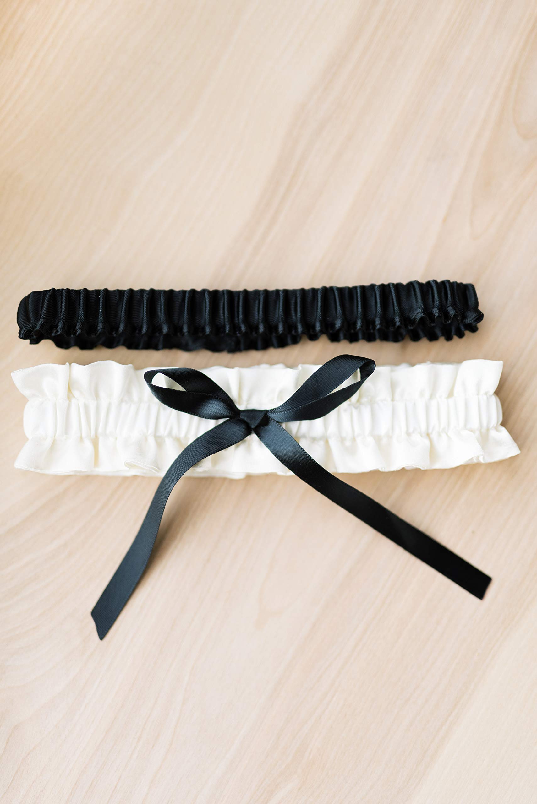 Ivory and Black Satin Bridal Garter Set - Elegant Wedding Garter Belt for Bride, Luxury Lace Garter with Bow, Perfect for Black Tie Weddings, Boudoir Photos & Something Blue Tradition