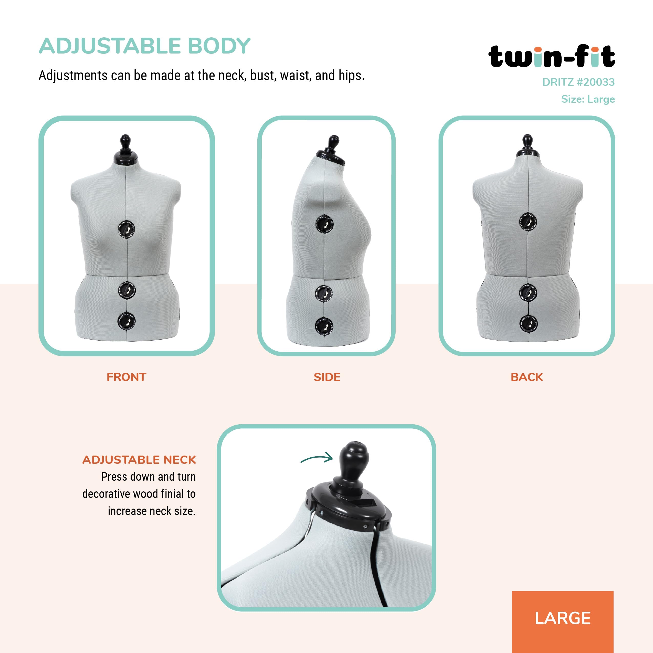 Dritz Twin-Fit Adjustable Dress Form with Tri-Pod Stand - Large Size for Fashion Design, Sewing & Tailoring - Perfect for Dressmaking, Fitting, and Alterations