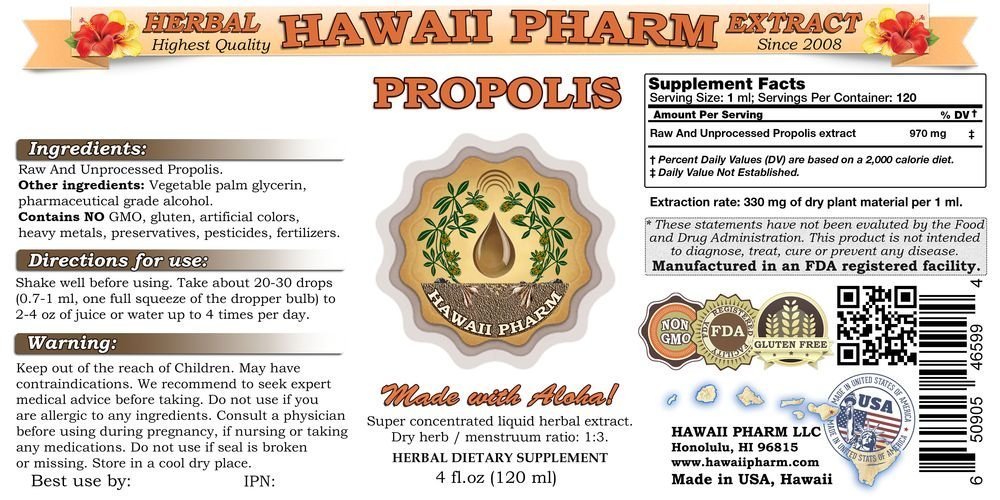 Hawaii Pharm Propolis Liquid Extract - Raw Propolis Supplement Tincture for Immune Support, Herbal Wellness & Natural Health - Made in USA, 15x4 fl.oz - Perfect for Daily Wellness Routine, Immune Boosting & Natural Remedies