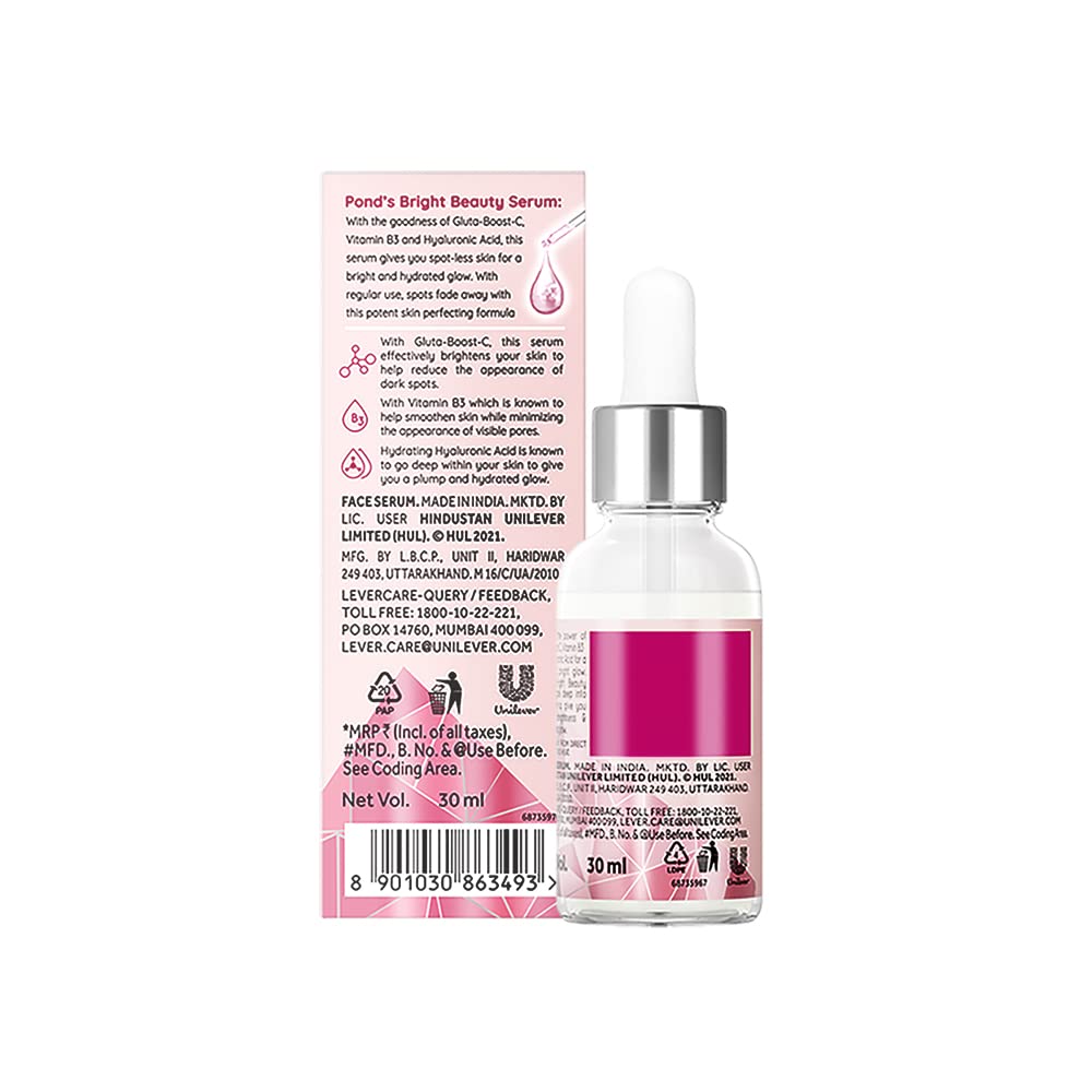 Pond's Bright Beauty Spot-less Glow Serum 30ml & Oil-Free Face Moisturizer 73g with Hyaluronic Acid & Vitamin E - Daily Skincare for Fresh Glowing Skin & 24-Hour Hydration - Perfect for Morning & Night Routine, Travel & On-the-Go Use