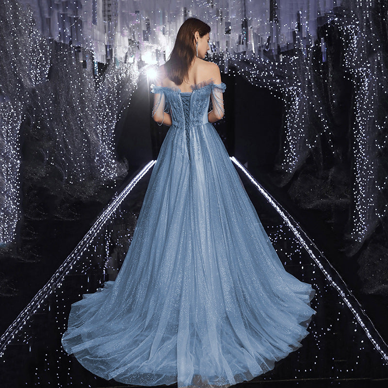 Elegant Off Shoulder Shiny Blue Tulle Prom Dress - A-Line Long Formal Evening Gown for Homecoming, Wedding, Ball & Special Occasions | Style 638