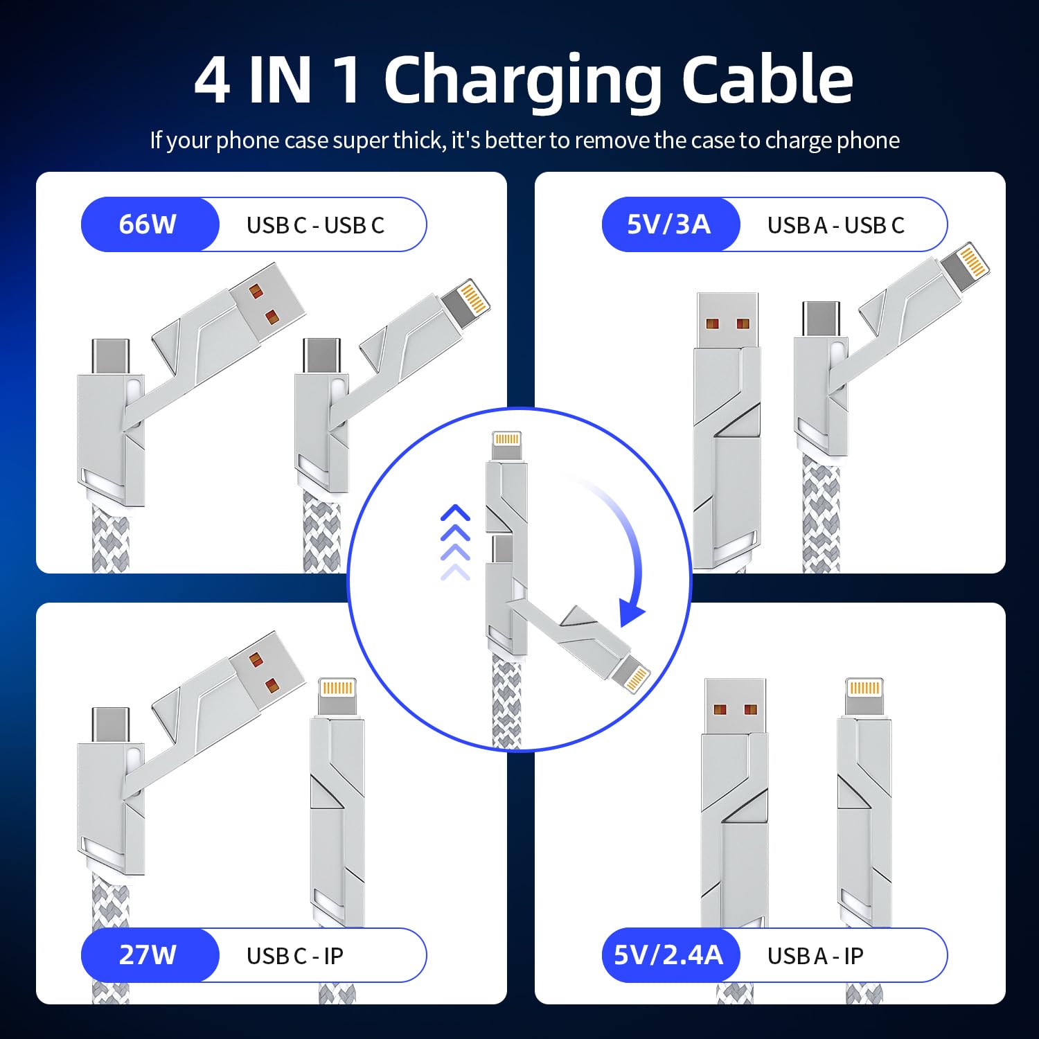 4-in-1 Fast Charging Cable 5FT - 66W USB C to Lightning/USB A/C Multi Charger for iPhone 16/15/14/13, iPad, Android Phones & Tablets | Perfect for Home, Office & Travel Charging Needs