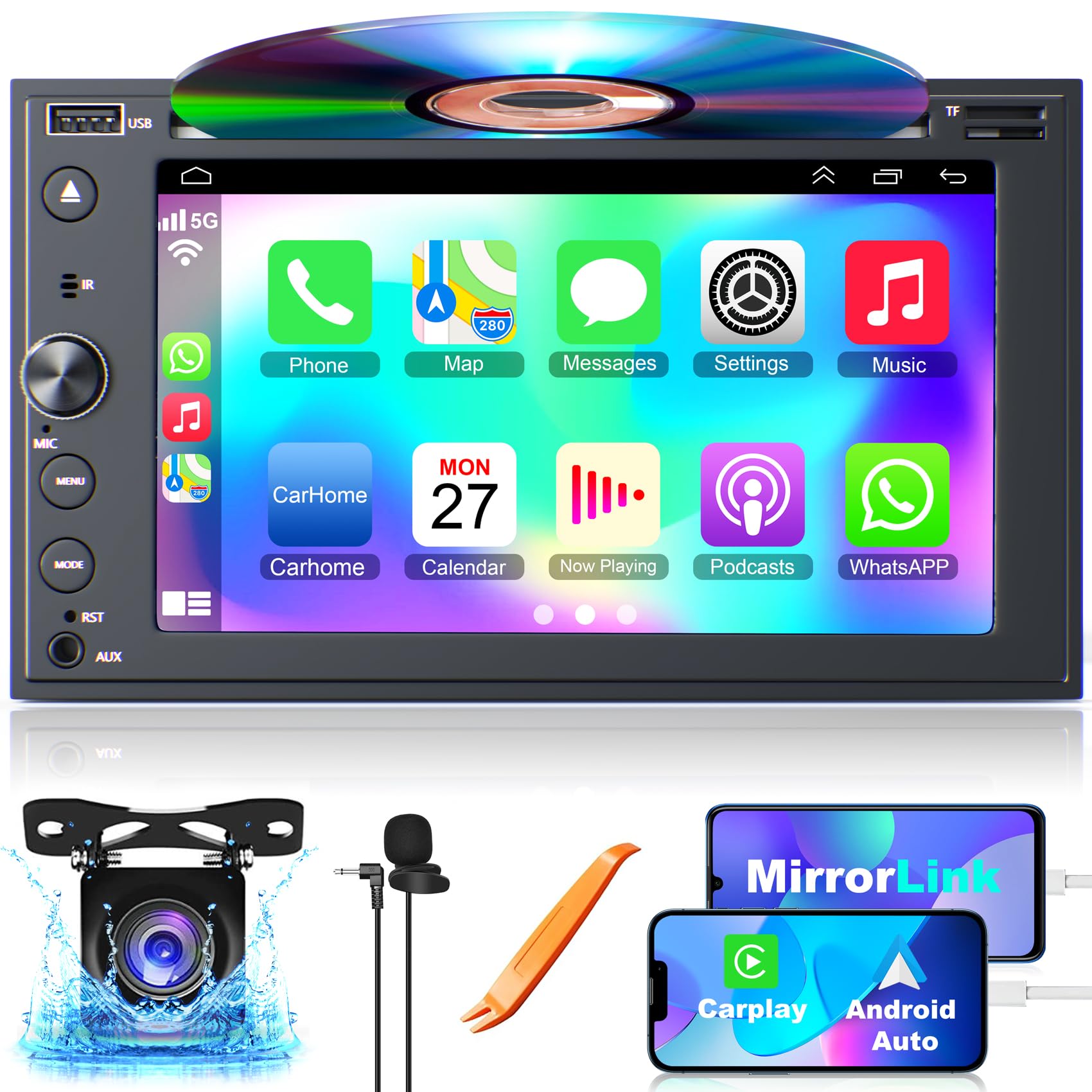 7-inch Double Din Car Stereo with CD/DVD Player | Apple CarPlay & Android Auto | Bluetooth 5.2 | Backup Camera | Mirror Link | SWC | AM/FM Radio | Perfect for Road Trips & Daily Commuting