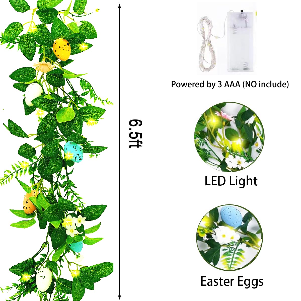 6.5 FT Easter Garland with Lights - Spring Home Decor, Easter Egg Decoration for Indoor & Outdoor, Party, Mantel, and Tree Decorating