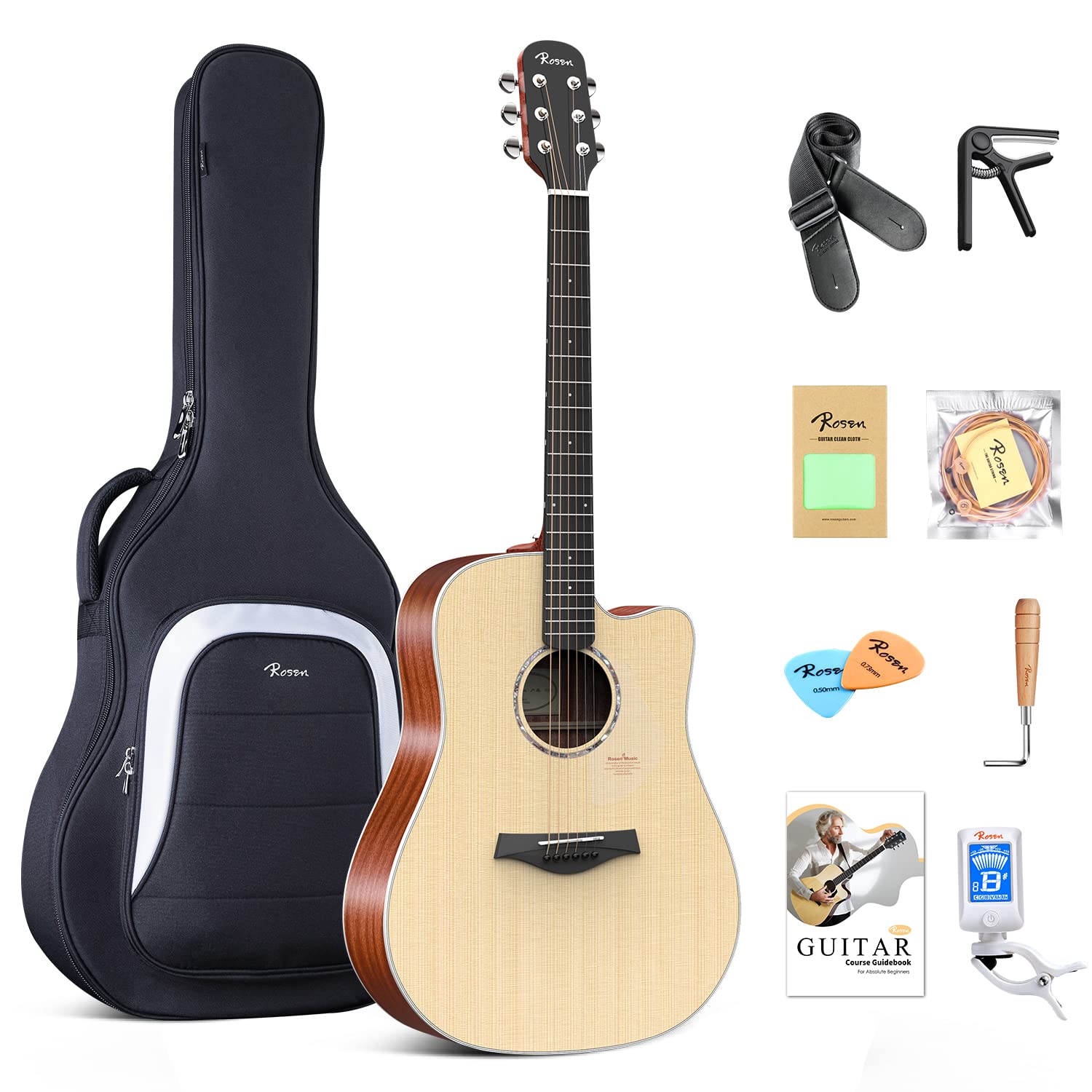 **Rosen N10 Full Size Dreadnought Acoustic Guitar for Beginners & Adults – Solid Spruce Top with Gig Bag, Tuner, Strap, Strings, Capo, Picks & Cleaning Cloth – Perfect for Home Practice, Camping & Live Performances (Natural)**