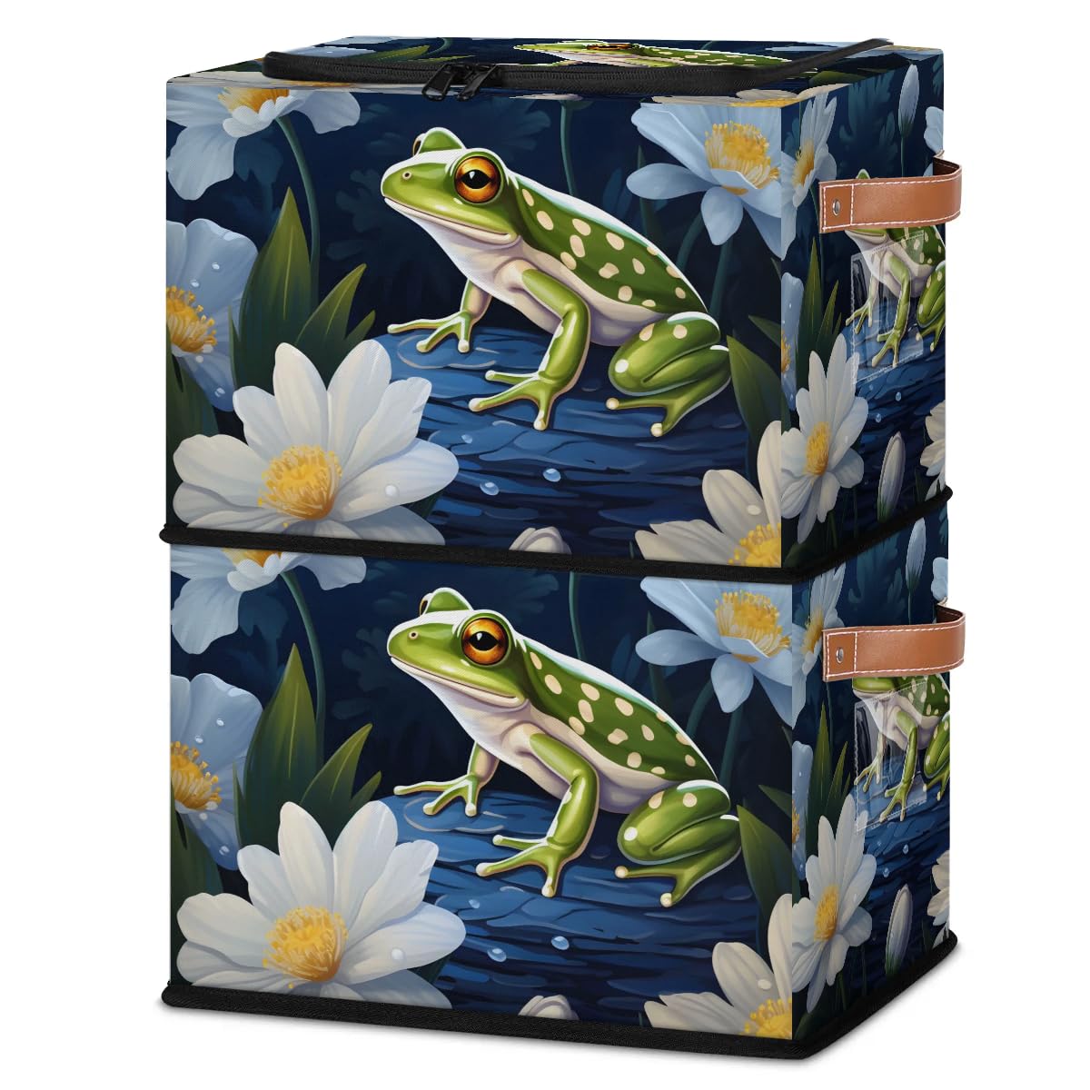 Frog White Flower Storage Bins with Zipper Lid - 2 Pack Stackable Storage Baskets with Metal Frame & PU Handles - Closet Organizer Cube for Clothes, Toys, or Blankets - Perfect for Bedroom, Nursery, or Dorm Organization