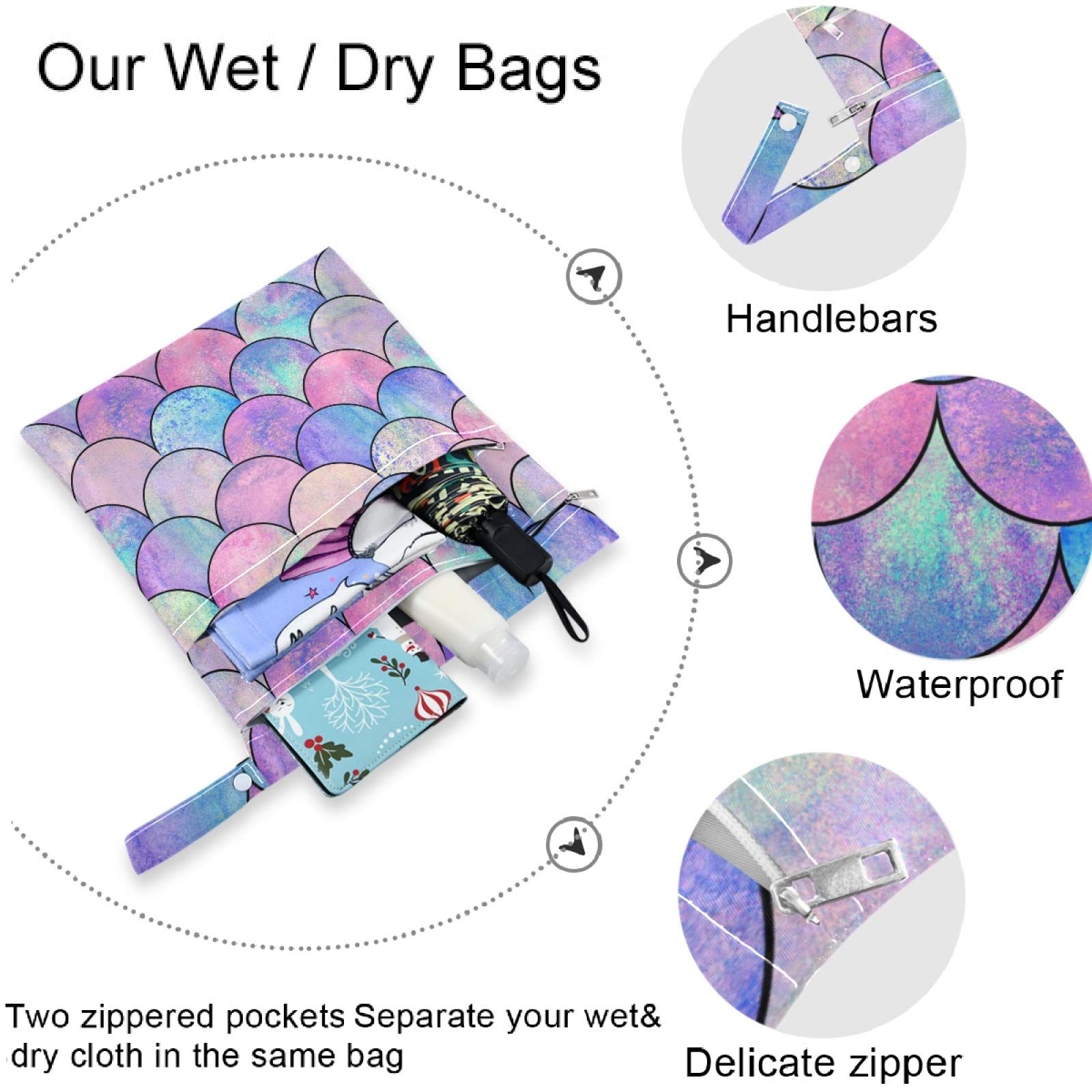 Visesunny Magic Mermaid Scale 2-Piece Wet Bag Set - Waterproof Zippered Pockets, Washable & Reusable Storage Organizer for Swimsuits, Diapers, Gym Clothes - Perfect for Travel, Beach, Pool, Daycare, Stroller & Toiletries Organization