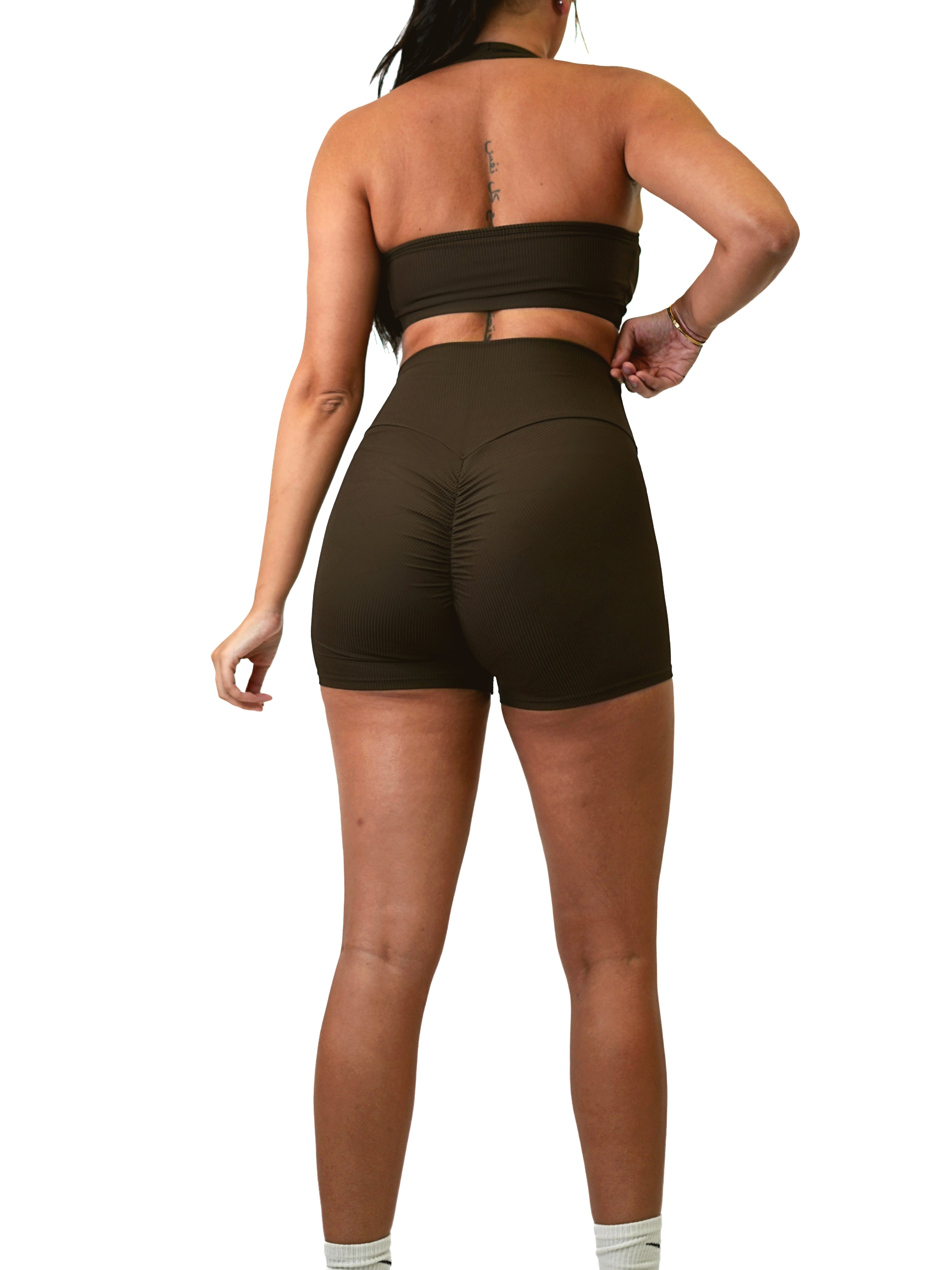 Ribbed Scrunch Shorts for Women - High Waisted Stretchy Workout Shorts (Wild Brown) - Perfect for Yoga, Running, Gym & Lounge Wear