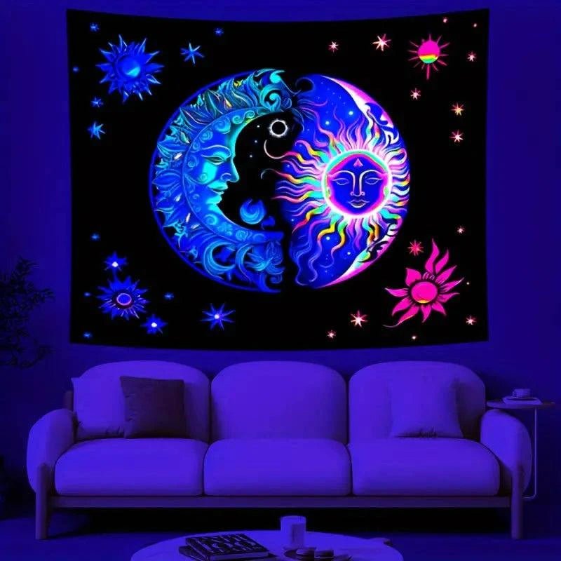 Sun Moon Official Glow in the Dark UV Tapestry Wall Art - Celestial Decor for Bedroom, Dorm Room & Meditation Space