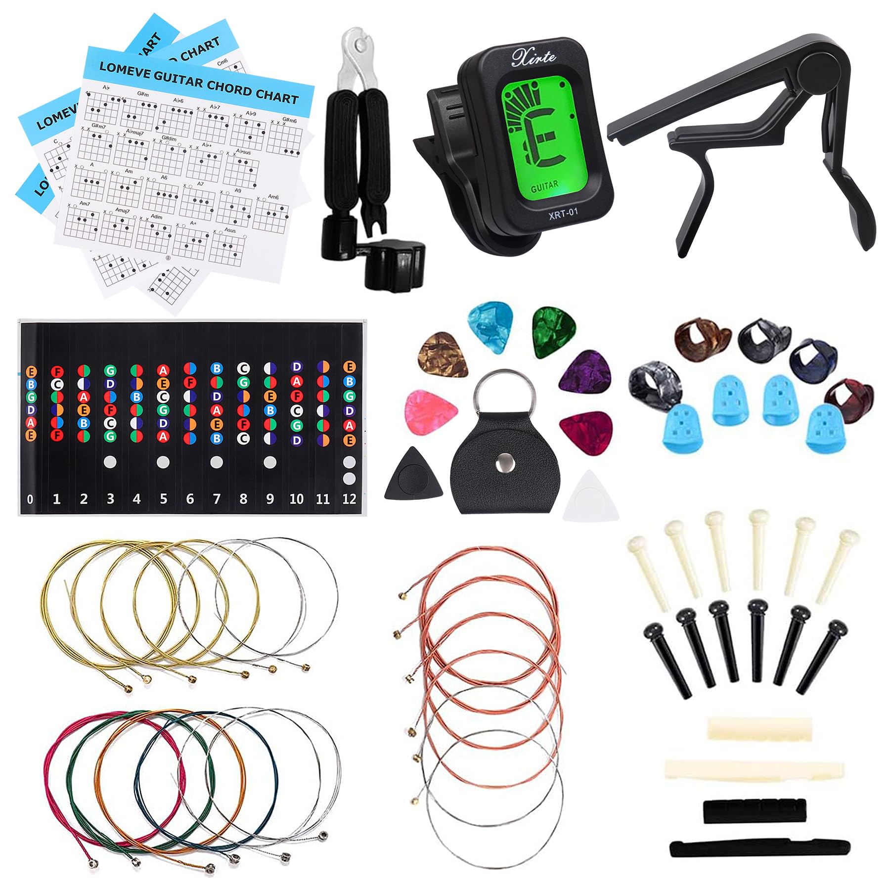 Premium 59-Piece Acoustic Guitar Accessories Kit - Includes Strings, Tuner, Capo, 3-in-1 Restring Tool, Picks, Bridge Pins & More - Perfect for Guitar Maintenance, Practice & Live Performances