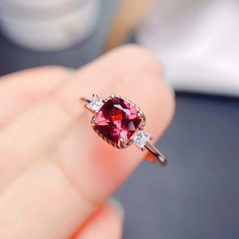 Rhodolite Red Garnet Three Stone Ring | 14K Gold Plated | Elegant Jewelry for Women | Perfect for Weddings, Anniversaries & Special Occasions