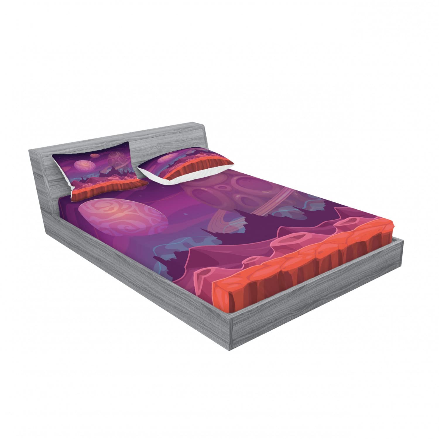 Ambesonne 2-Piece Queen Size Fitted Sheet Set with 4 Pillow Shams - Dreamy Alien Landscape Print in Purple & Vermilion | Sci-Fi Themed Bedding for Teens & Adults | Perfect for Space-Themed Bedrooms, Dorm Decor, and Gift Ideas