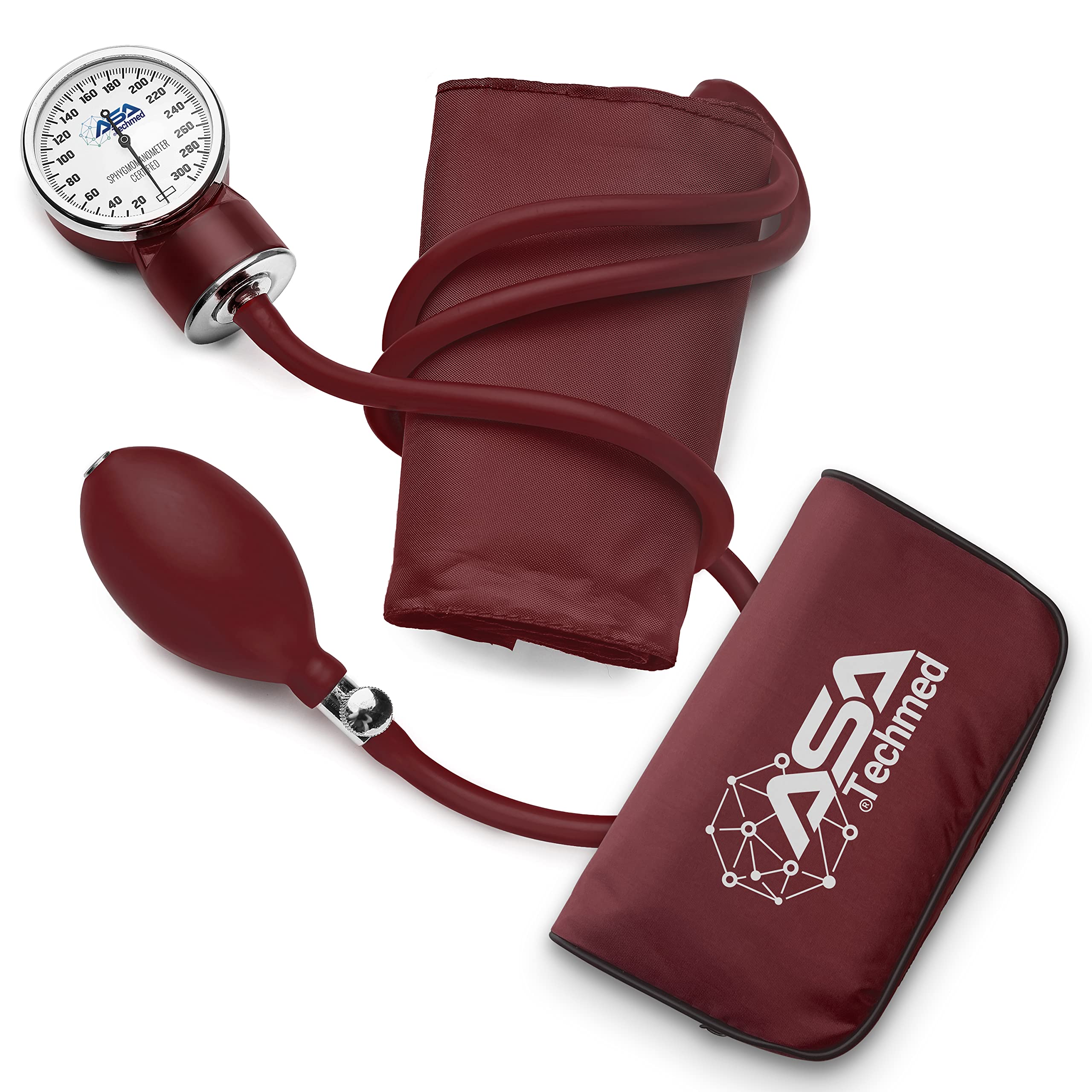 ASA TECHMED Manual Blood Pressure Monitor - Aneroid Sphygmomanometer with Universal Cuff for Home & Clinical Use - Accurate Arm Blood Pressure Measurement Device for Nurses & Adults (Maroon) - Perfect for Health Monitoring, Doctor's Office & Home Care
