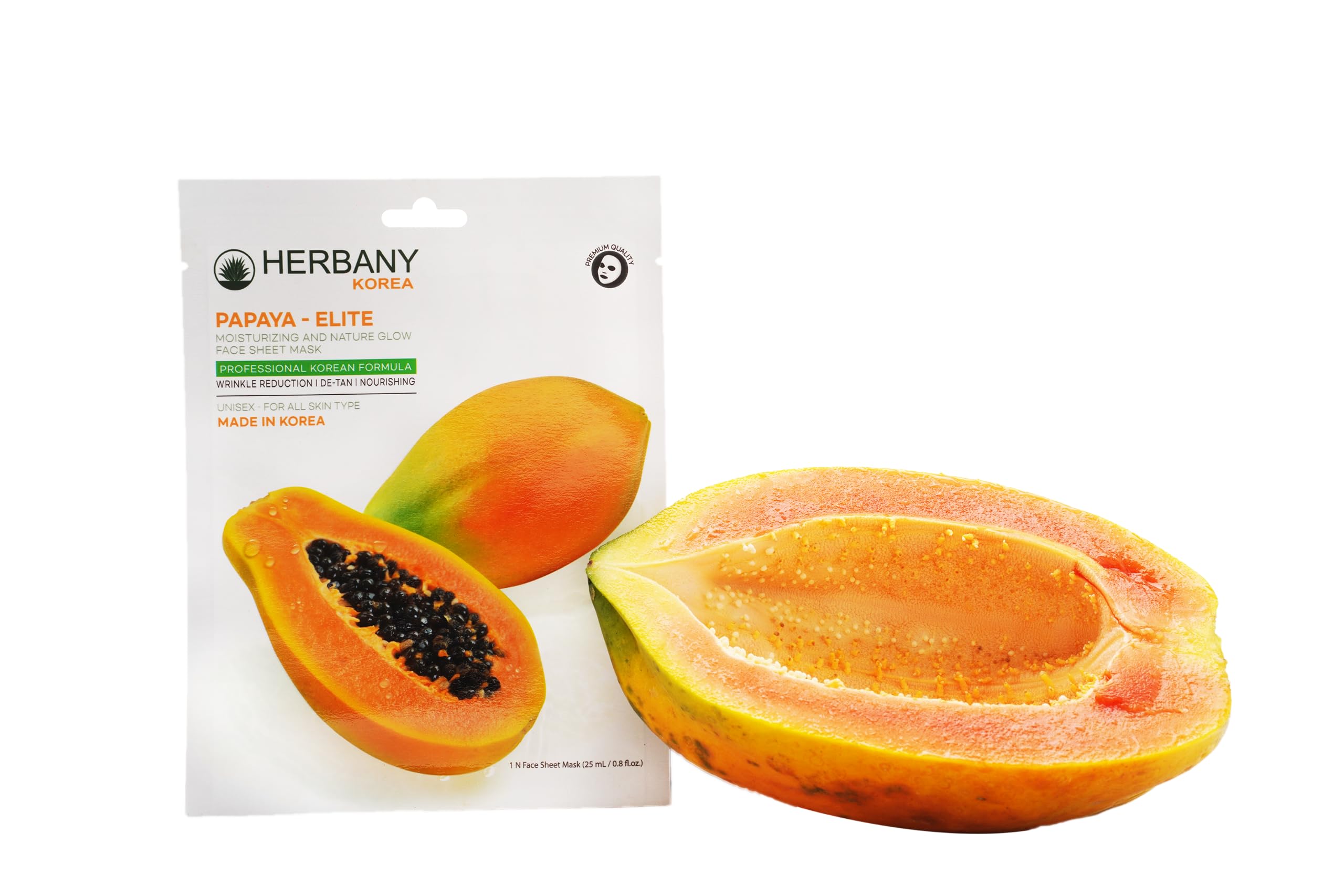 HERBANY KOREA - Papaya & Aloe Vera Sheet Mask Set of 4 (25ml Each) - Korean Skincare for Men & Women - Brightening & Hydrating Face Mask for Glowing Skin - Perfect for Daily Use, Spa Day & Travel