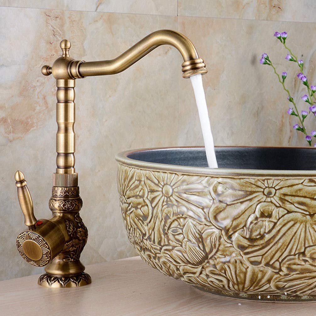 Antique Brass Carved Kitchen Sink Faucet - Retro Solid Brass Single Handle Deck Mounted Mixer Tap for Farmhouse & Vintage Style Kitchens | Perfect for Modern and Traditional Home Decor