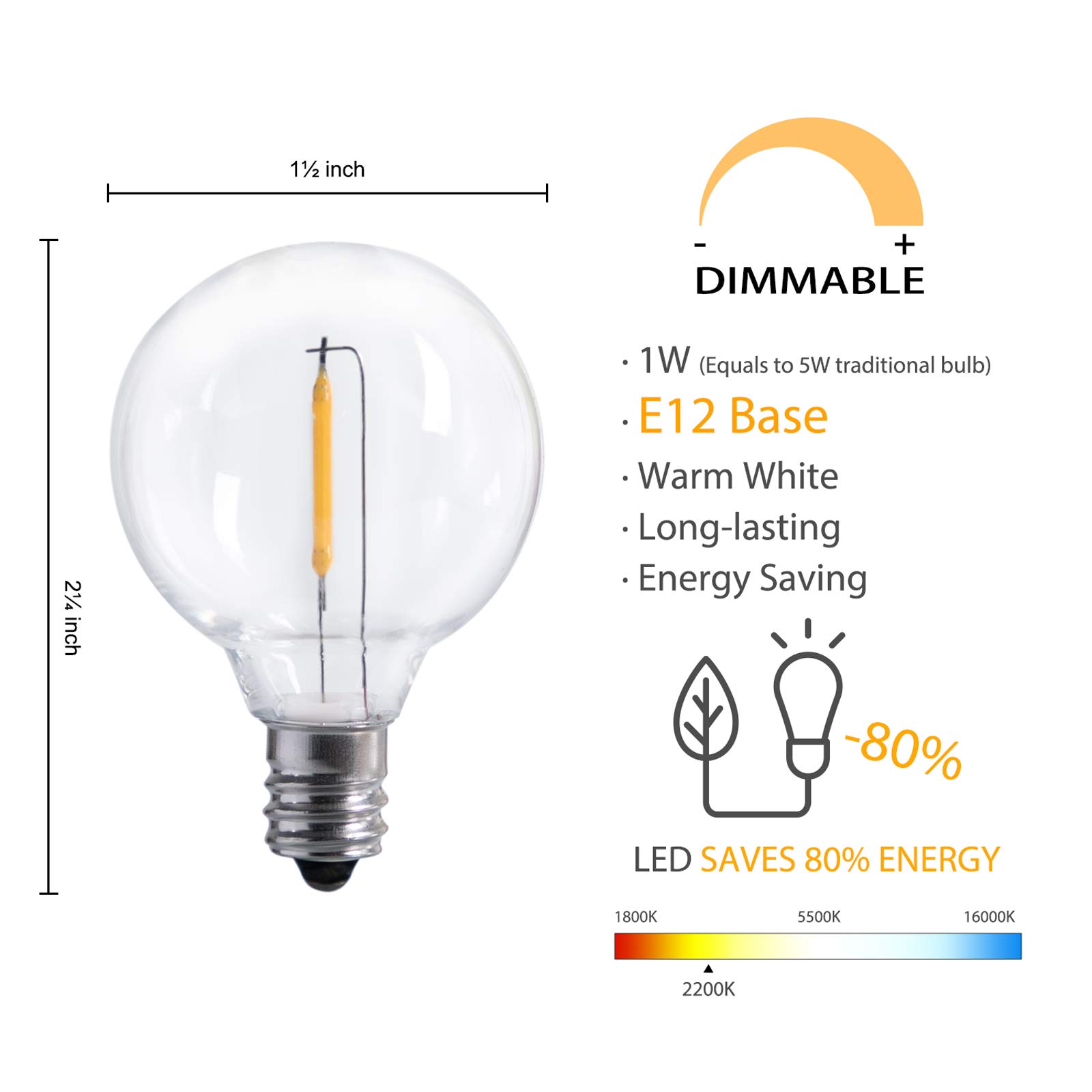 25 Pack Shatterproof LED G40 Replacement Bulbs - 1W Per Bulb, E12 Screw Base LED Globe Light Bulbs for Indoor & Outdoor Use - Perfect for Patio String Lights, Chandeliers, and Decorative Lighting (Not for Solar Lights)
