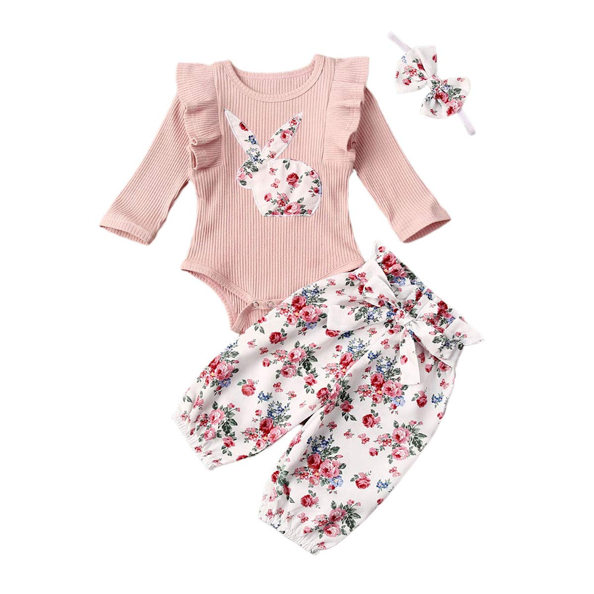Baby Girl 2-Piece Outfit Set - Newborn Ruffle Romper with Floral Pants & Headband | Fall Winter Clothes for Infants | Perfect for Holiday Photos, Family Gatherings & Special Occasions