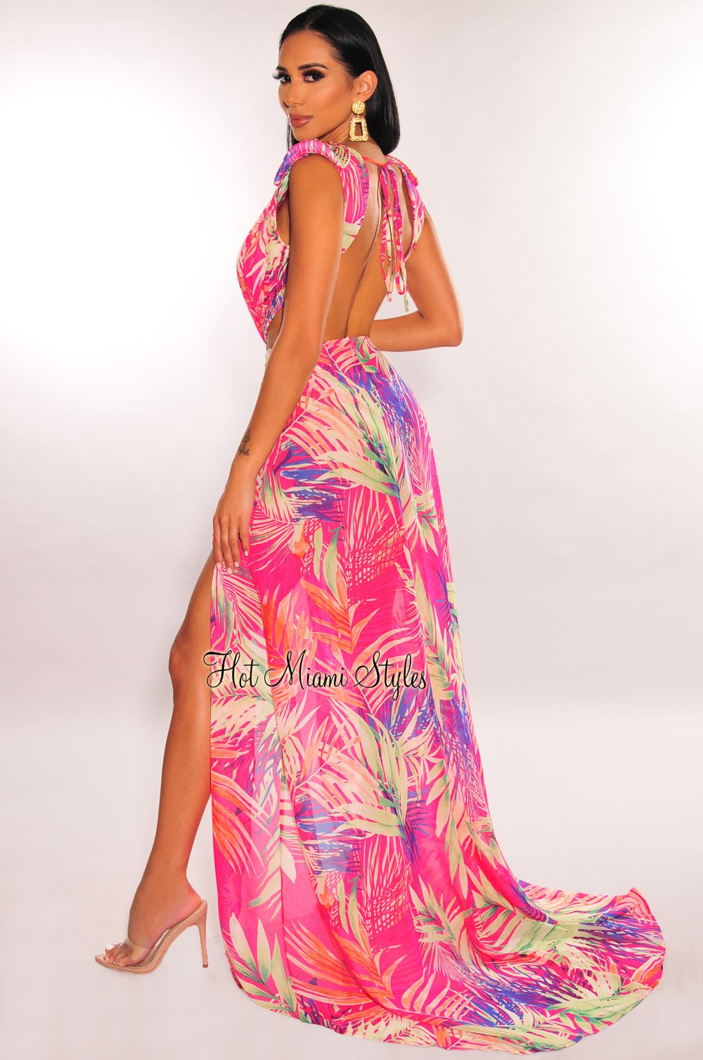 Fuchsia Tropical Print Plunge Studded Maxi Skirt Two Piece Set - Women's Boho Beach Outfit for Summer Vacation & Music Festivals