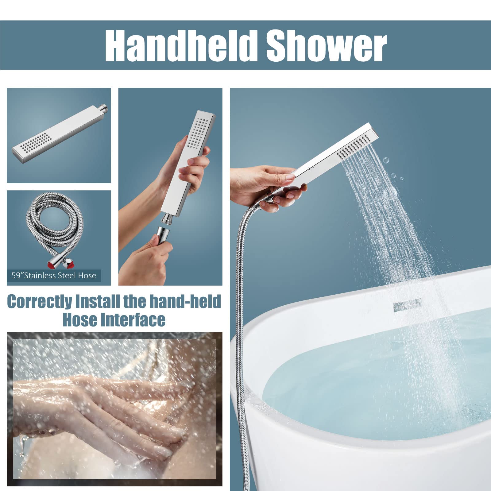 Aolemi Polished Chrome Freestanding Bathtub Faucet - Floor Mount Tub Filler with Handheld Shower Sprayer, Single Handle Waterfall Brass Tap for Modern Bathroom (Ideal for Spa, Luxury Bath & Home Renovation)
