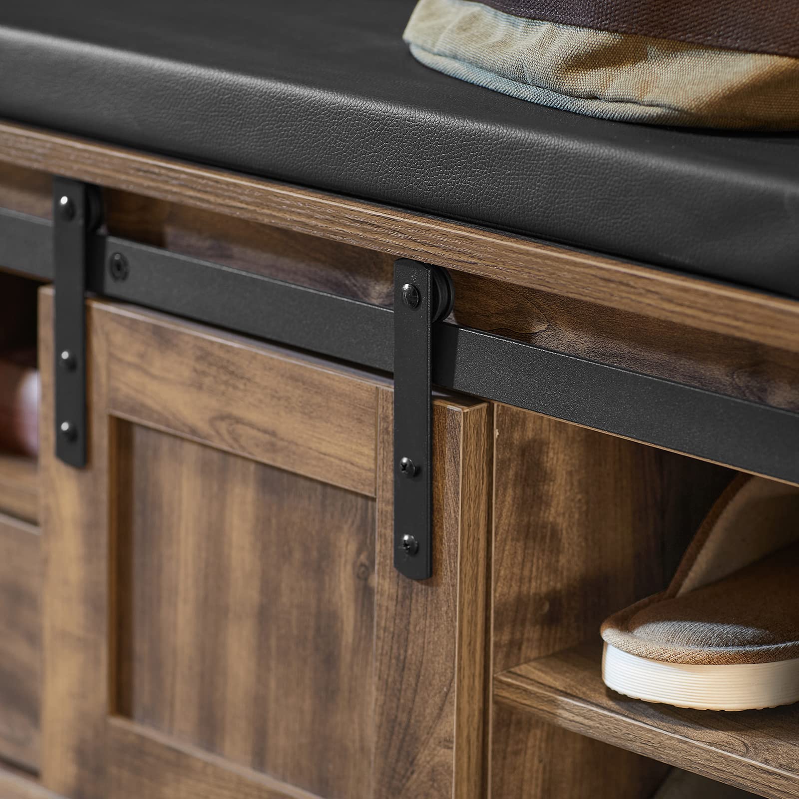 Haotian Industrial Style Shoe Storage Bench with Sliding Barn Doors - Entryway Hallway Shoe Cabinet with Drawer & Padded Seat Cushion - Rustic Window Bench for Mudroom, Living Room or Bedroom - Brown (FSR118-N)