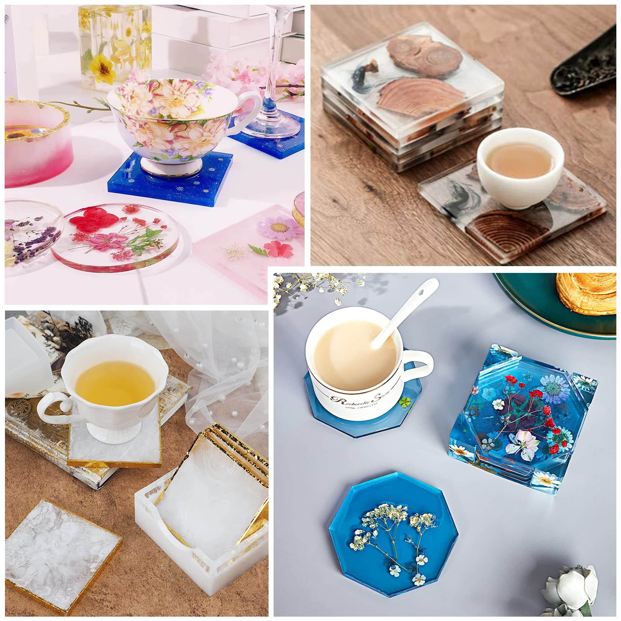 12-Piece Silicone Resin Coaster Molds Set with Measuring Cup - 5 Round & 5 Square DIY Epoxy Molds + 1 Round & 1 Square Resin Holder Mold for Crafting, Home Decor, and Unique Gift Making