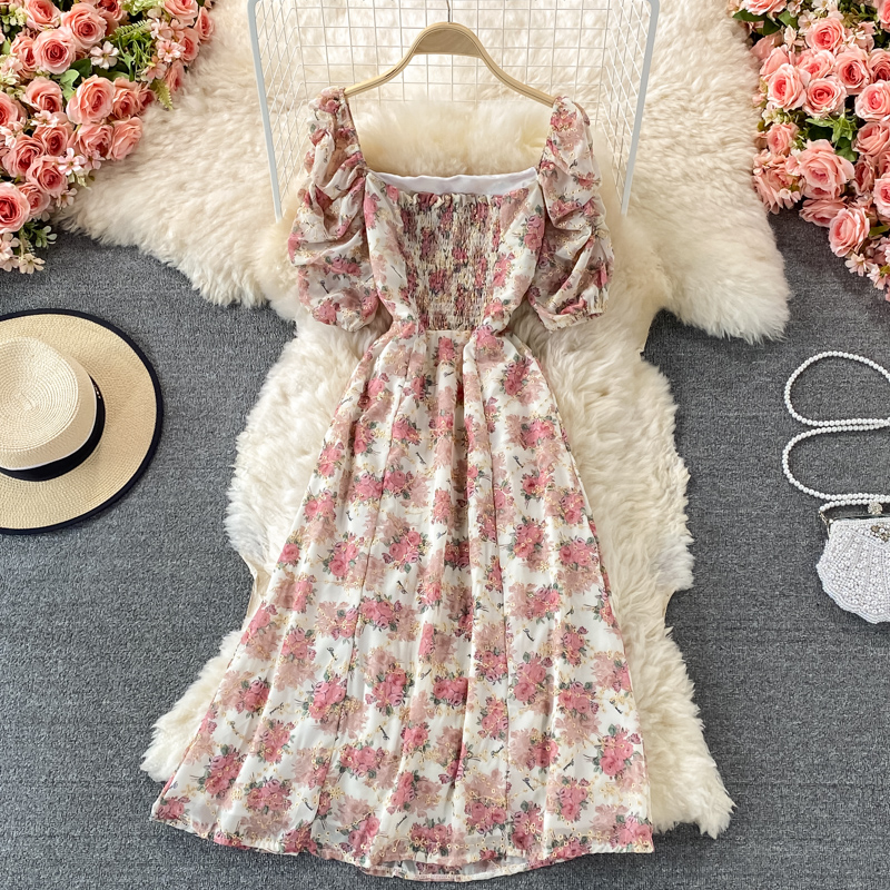 French Retro Sweet Floral Chiffon Dress - Square Neck Summer Dress for Women | Perfect for Garden Parties, Date Nights & Vacation Outfits