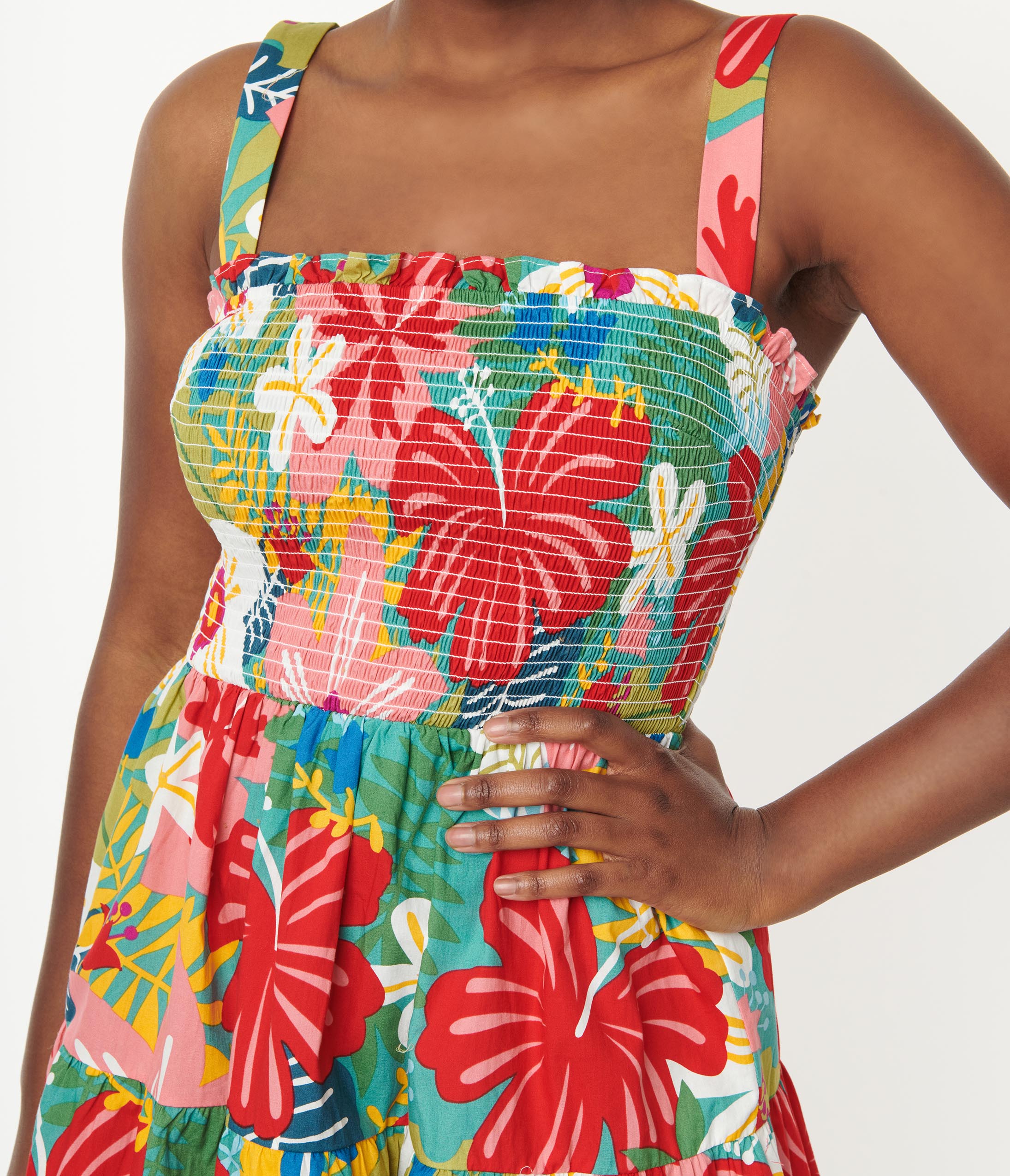 Vibrant Tropical Floral Print Smocked Waist Flare Dress for Women - Perfect for Beach Vacations, Summer Parties & Boho Fashion