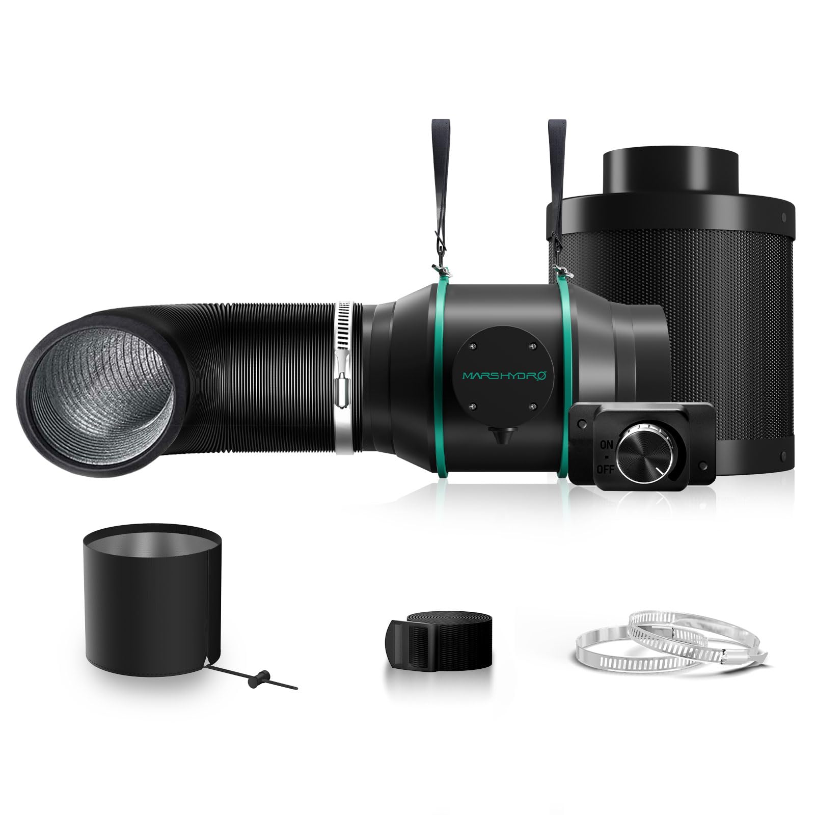 Mars Hydro 6 Inch Inline Fan & Carbon Filter Kit with Variable Speed Controller - 402 CFM Hydroponic Exhaust Fan System with 25ft Ducting for Grow Tents, Indoor Gardening & Ventilation Solutions
