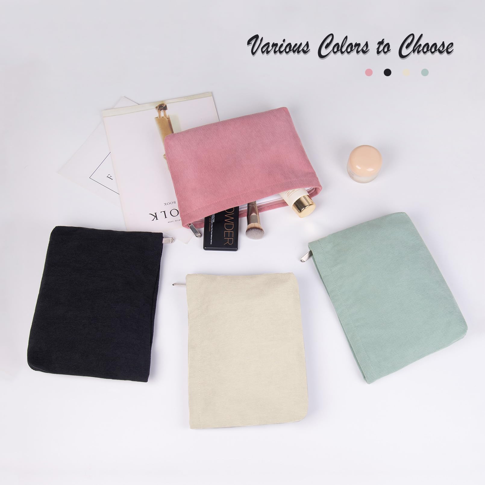 FITDON 2-Pack Corduroy Makeup Bags for Women - Small Zippered Cosmetic Pouch & Travel Toiletry Organizer (Beige) | Perfect for Purse, Gym, Travel & Daily Essentials Storage