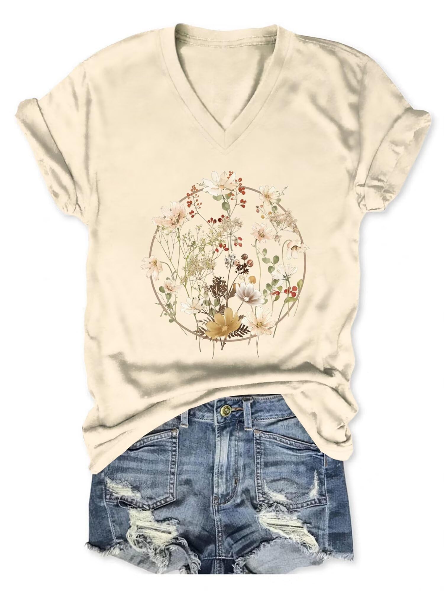 Boho Floral Shirts for Women - Wildflower Plant Graphic V-Neck T-Shirts - Vintage Flower Printed Tees - Perfect Plant Lover Gifts for Gardening, Outdoor Adventures & Casual Wear