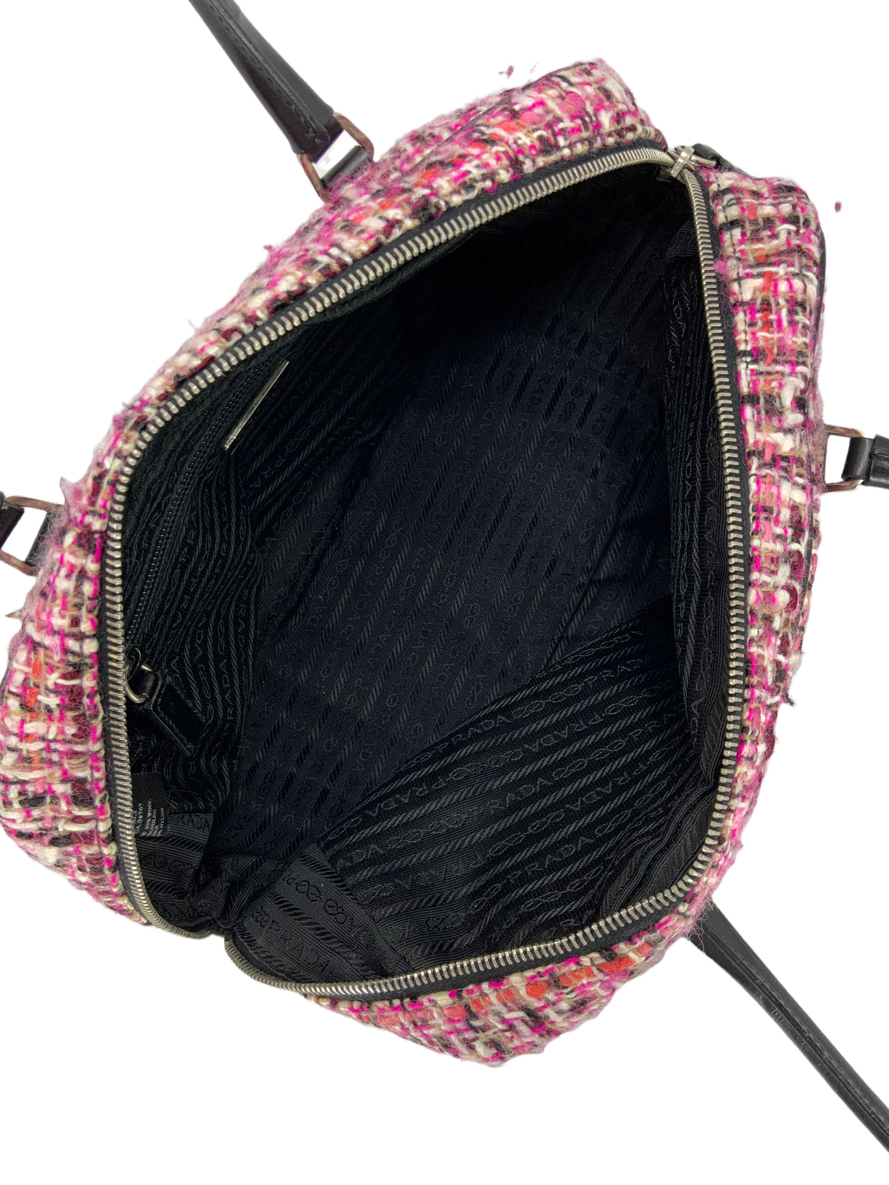 PRADA Tweed Leather Boston Bag for Women - Luxury Designer Handbag for Work, Travel & Everyday Use