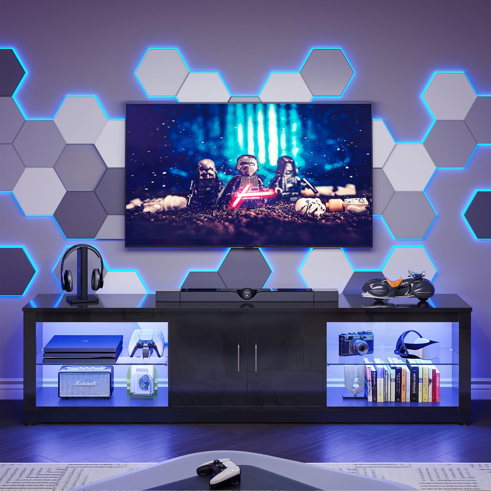 Bestier Modern TV Stand for 75 Inch TVs - Large Entertainment Center with Glass Shelves & 2 Storage Cabinets - Sturdy TV Console for Living Room, Gaming Setup & Home Theater Systems