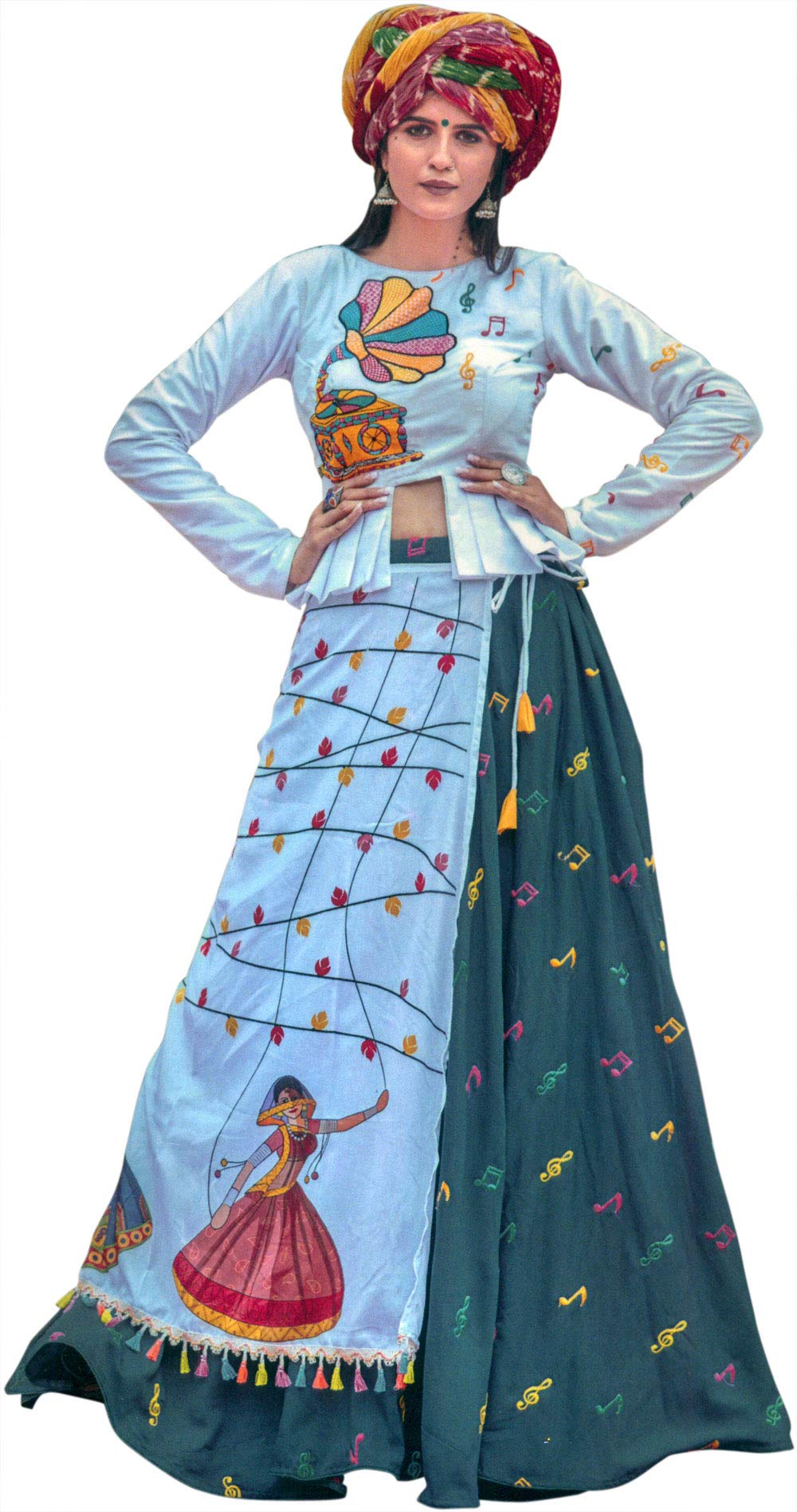 Exquisite Sea-Green & White Embroidered Lehenga Choli Set from Gujarat - Traditional Indian Bridal Wear with Gramophone & Music Motifs - Perfect for Weddings, Festivals & Cultural Events