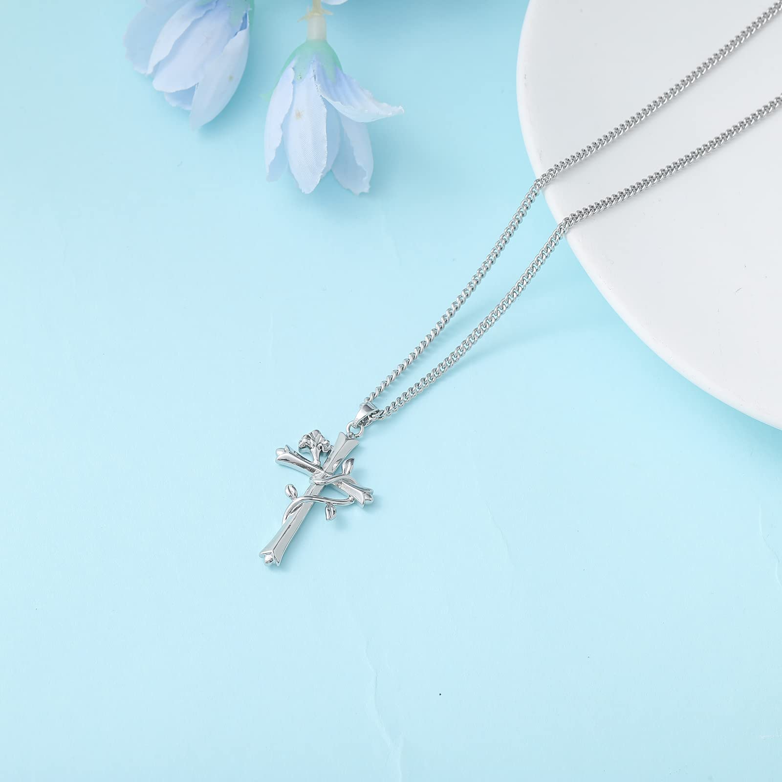 ACECHA Silver Faith Cross Necklace for Women - Birthstone & Birth Flower Pendant Jewelry | Thoughtful Gift for Wife, Teen Girls, Women | Perfect for Birthday, Anniversary & Religious Occasions