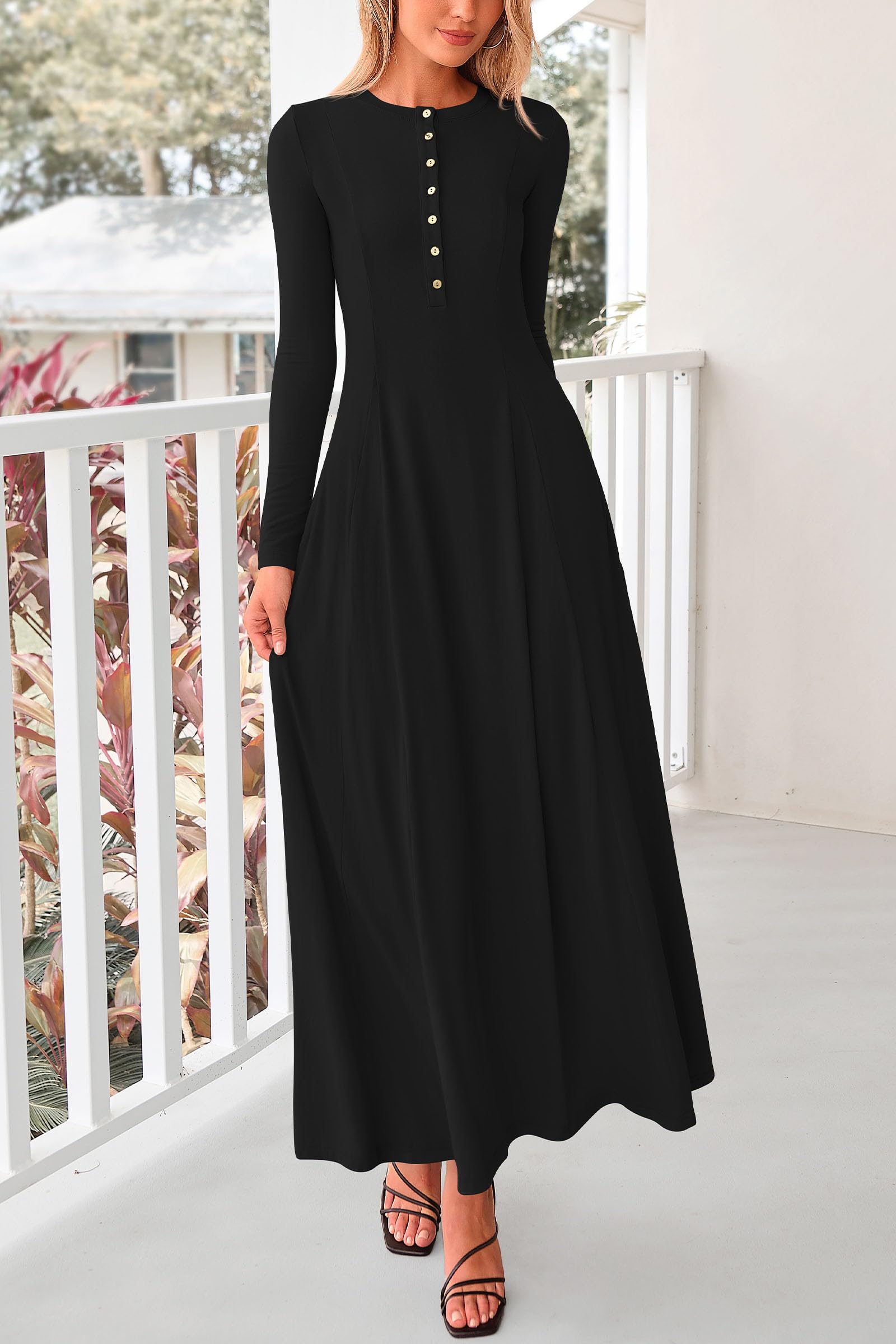 PRETTYGARDEN Women's Casual Maxi Dress 2025 - Spring Fashion Long Sleeve Button Down Fit & Flare Flowy Dress for Everyday Wear, Date Night & Vacation