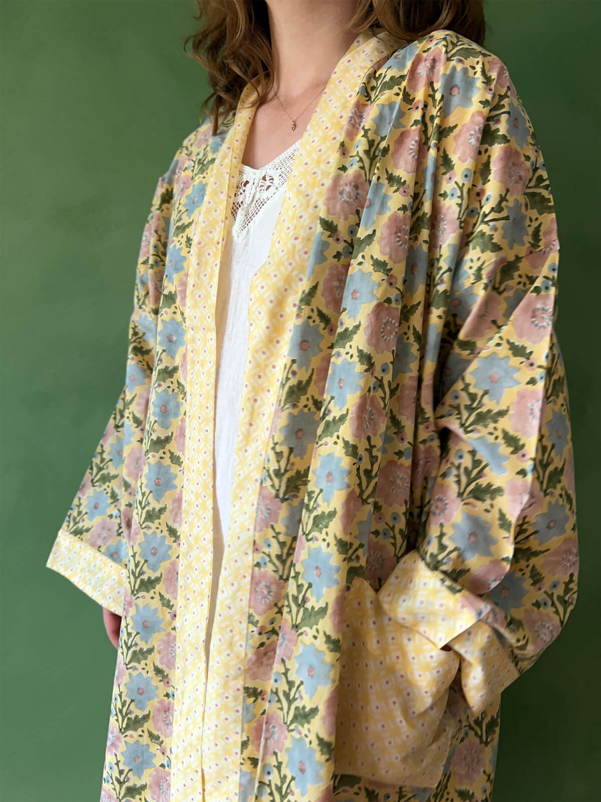 Handmade Block Print Cotton Robe in Buttermilk - Soft & Breathable Loungewear for Spa Days & Relaxation at Home