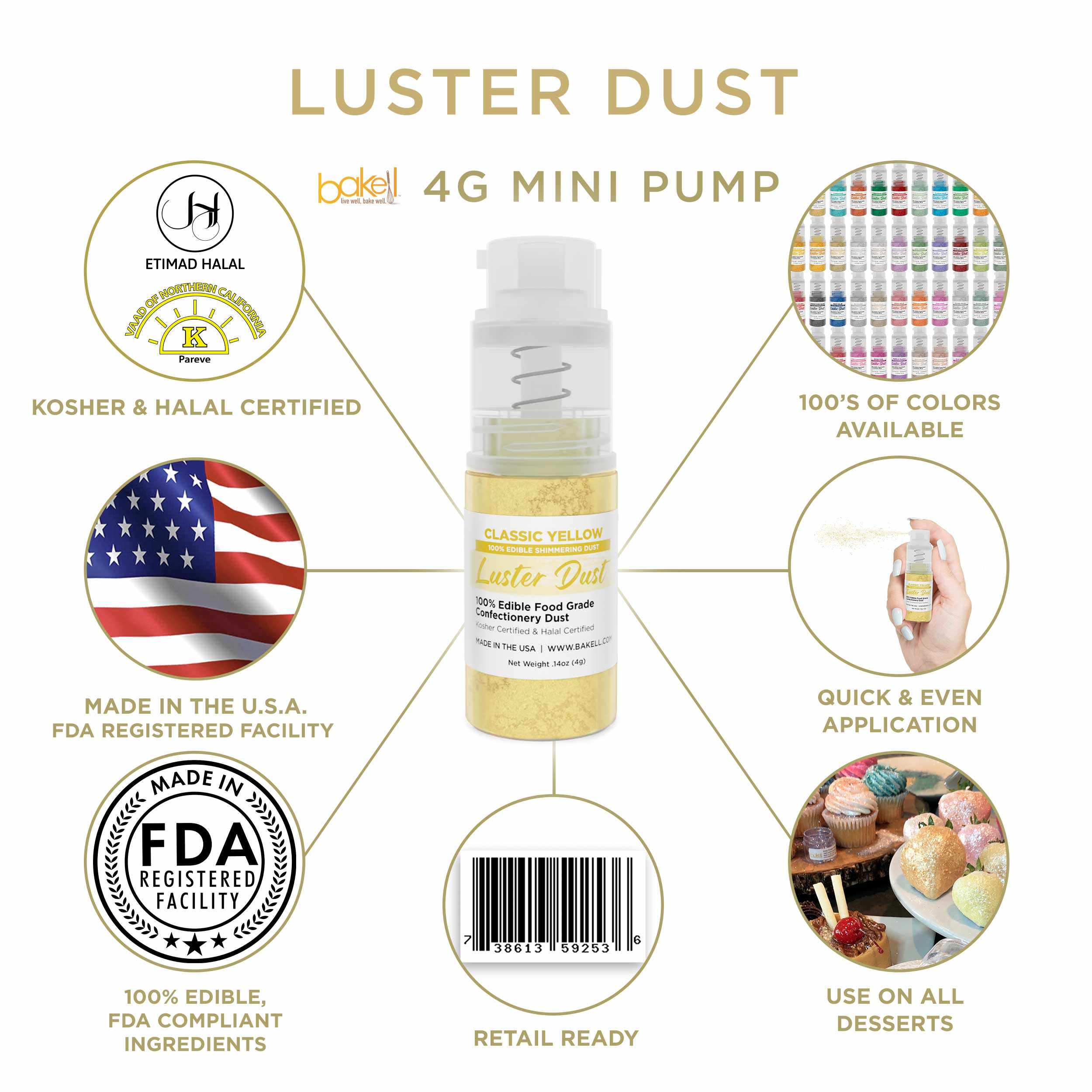 Classic Yellow Luster Dust 4g Mini Pump - Edible Cake Decorating Powder for Baking, Cupcakes & Fondant | Food-Grade Sparkle Dust for DIY Desserts & Party Treats