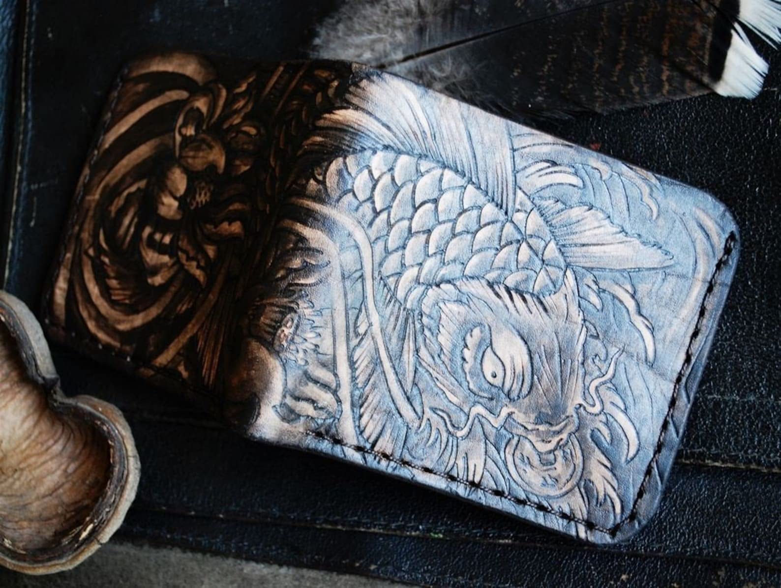 Handmade 3D Genuine Leather Men's Bifold Wallet - Custom Carved & Tooled with Japanese Hokusai Prosperity Carp Design - Perfect for Gifts, Business & Everyday Use