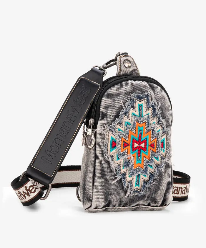Montana West Aztec Denim Sling Bag for Women - Stylish Crossbody Purse with Adjustable Strap, Perfect for Travel, Shopping & Everyday Use