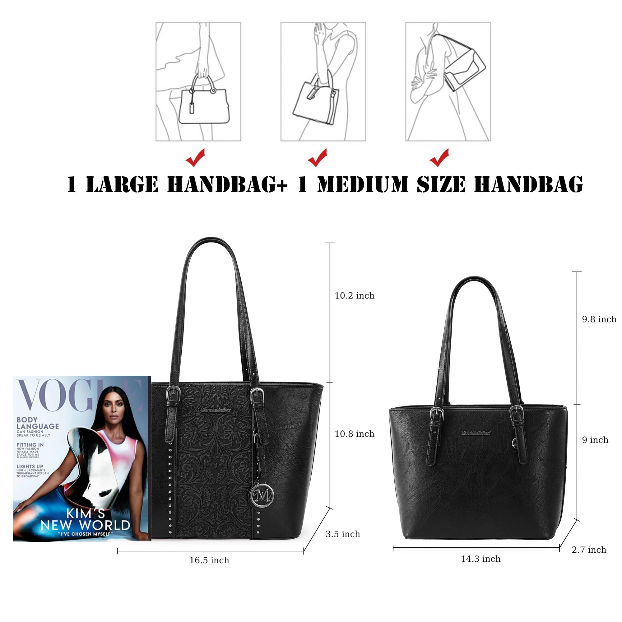 Montana West Women's Large Tote Bag & Handbag 2-Piece Set - Embossed Leather Purse Collection for Work, Travel & Everyday Use