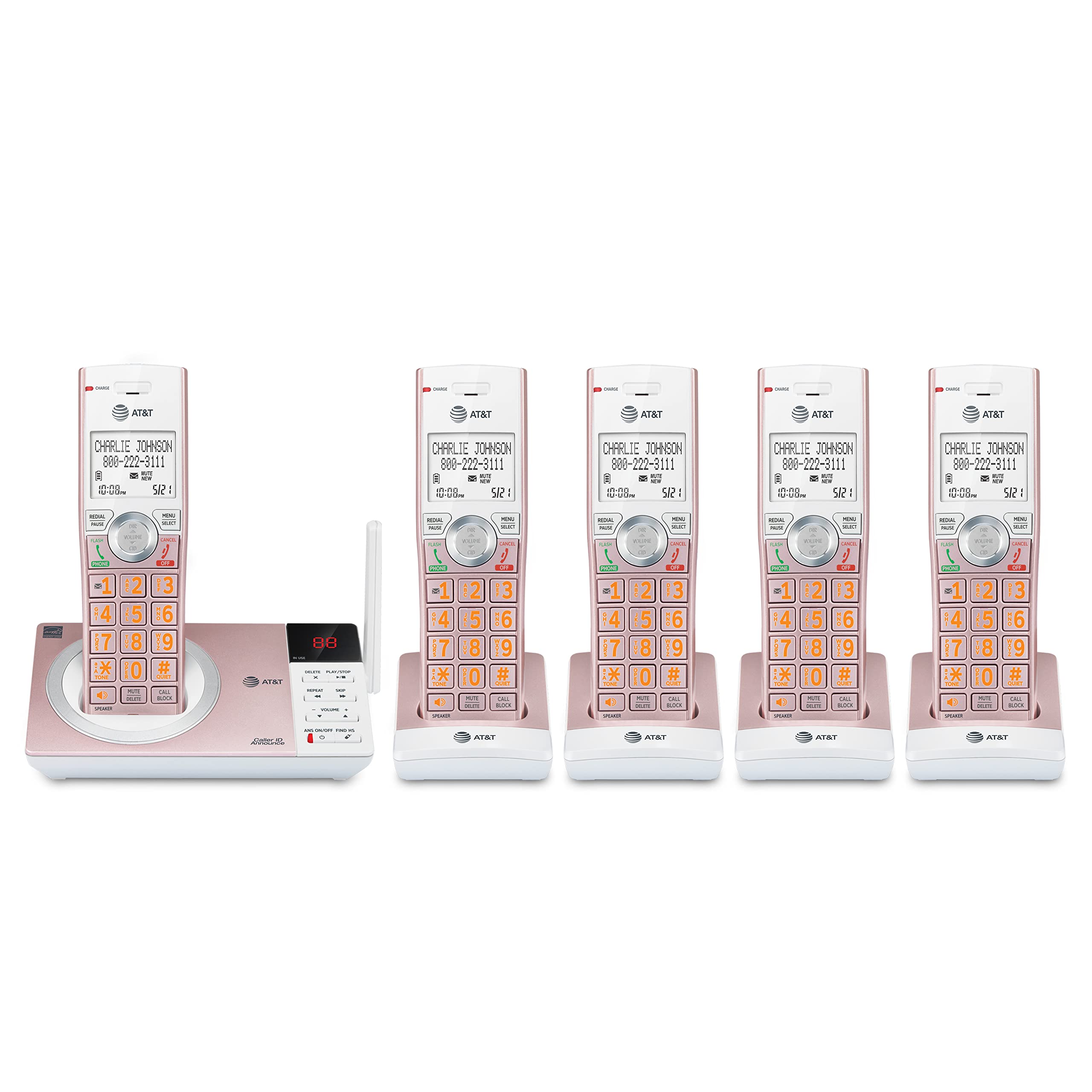 AT&T CL82557 DECT 6.0 Cordless Phone with 5 Handsets - Home Office Telephone with Answering Machine, Call Blocking, Caller ID, Intercom & Long Range - Rose Gold for Home, Office & Business Use
