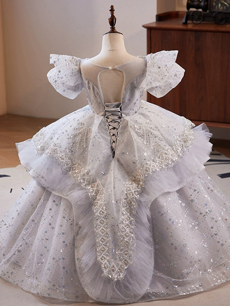 White Princess Square Floor Length Organza Flower Girl Dress for Weddings, Baptisms & Special Occasions