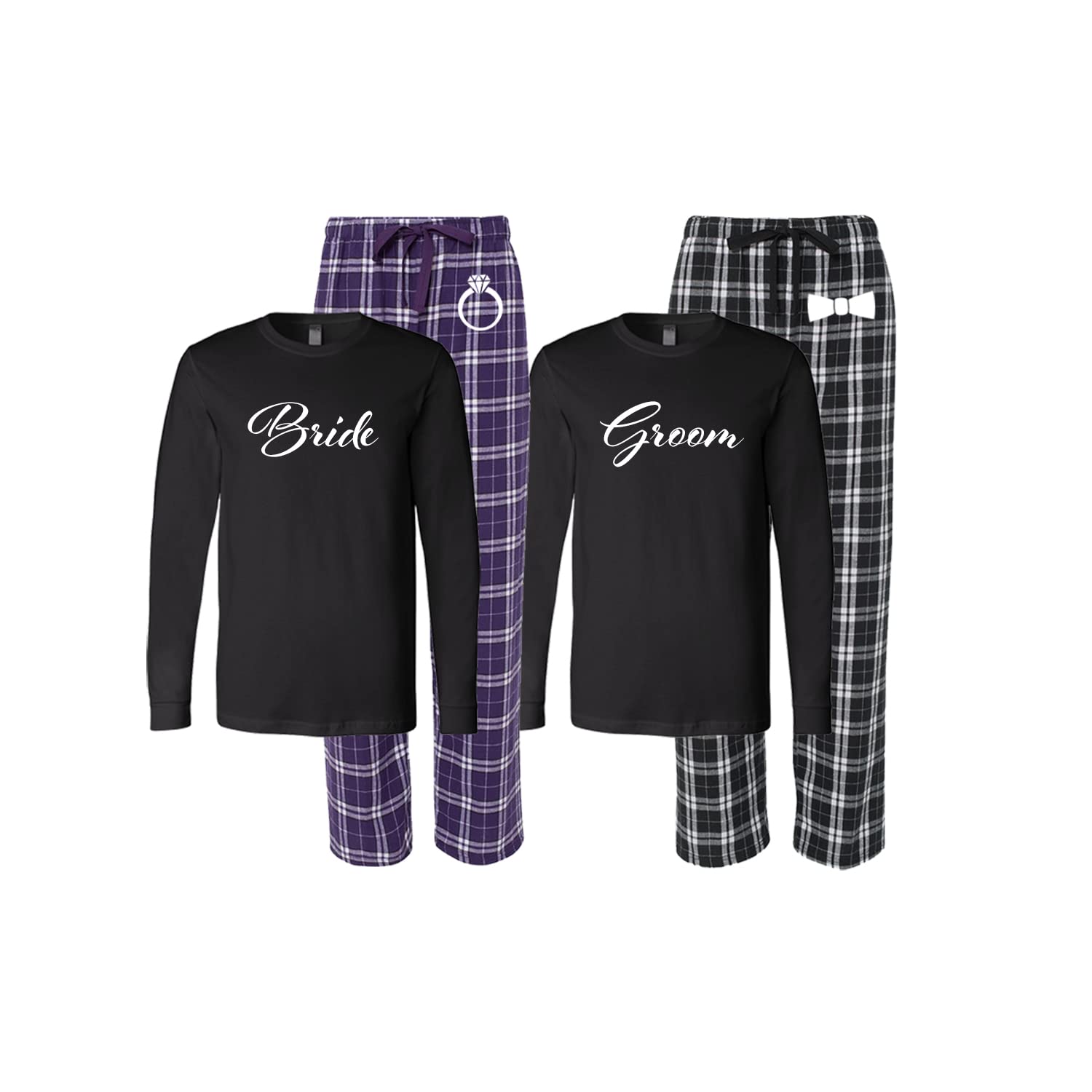 Bride and Groom Pajamas Set - Matching Couples Sleepwear - Purple & Black Plaid Pjs for Wedding Gift, Honeymoon, Anniversary & Romantic Getaways