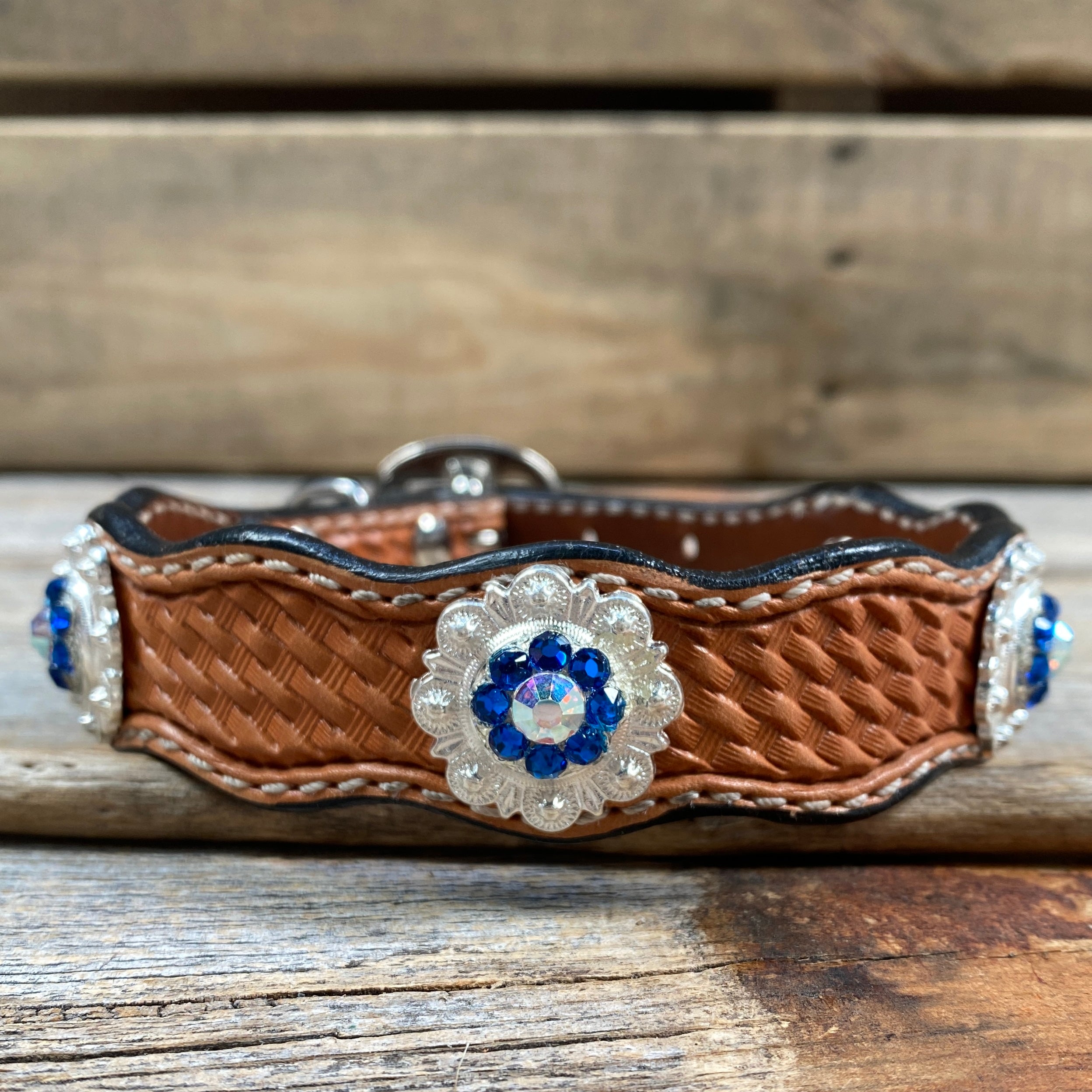 Premium Genuine Leather Dog Collar with Shiny Silver Capri & AB Conchos - Adjustable 10-22 Inches (DC48) - Durable & Stylish for Daily Walks, Training & Outdoor Adventures