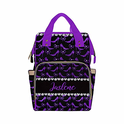 Personalized Purple High Heels & Bowknots Diaper Bag with Name - Custom Nappy Bag for Moms, Casual Travel Daypack, Baby Shower Gift for Women, Perfect for Outings, Shopping & Travel