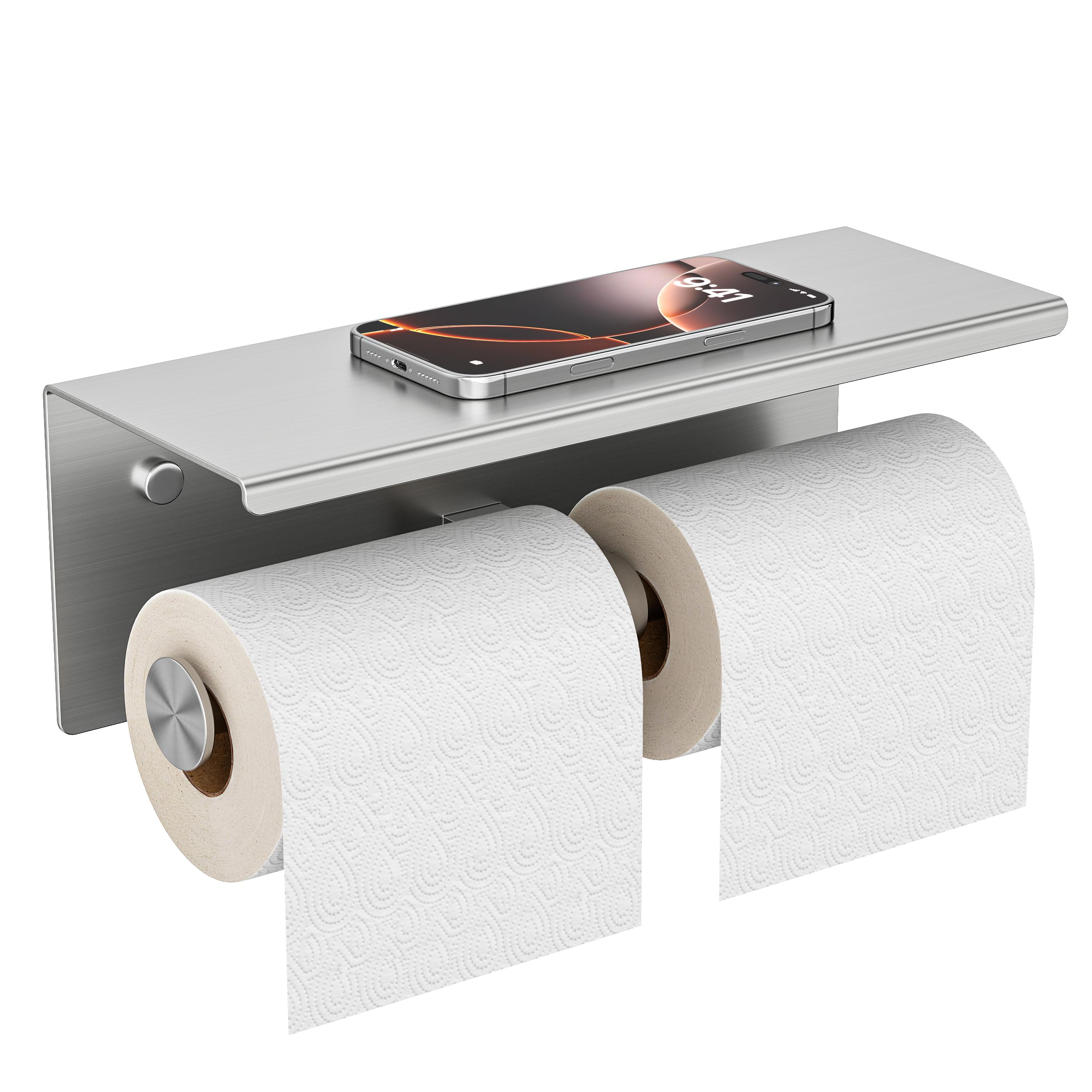 FORIOUS Double Toilet Paper Holder with Shelf - Wall Mount Bathroom Tissue Roll Dispenser - 304 Stainless Steel Commercial Toilet Paper Organizer with Phone Shelf - Brushed Nickel Finish - Ideal for Home, Office & Public Restrooms