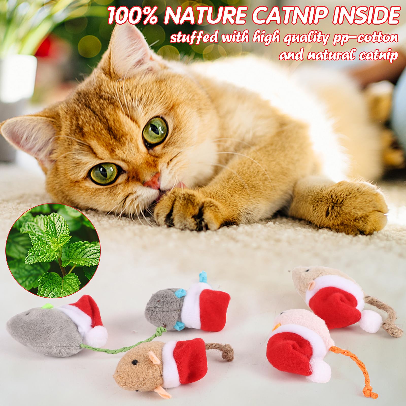 FOIMAS 6-Pack Christmas Catnip Toys - Xmas Plush Mice Interactive Chew Bite Toys for Cats & Kittens - Indoor Play, Holiday Pet Gifts & Stocking Stuffers (Great for Holiday Playtime & Training)