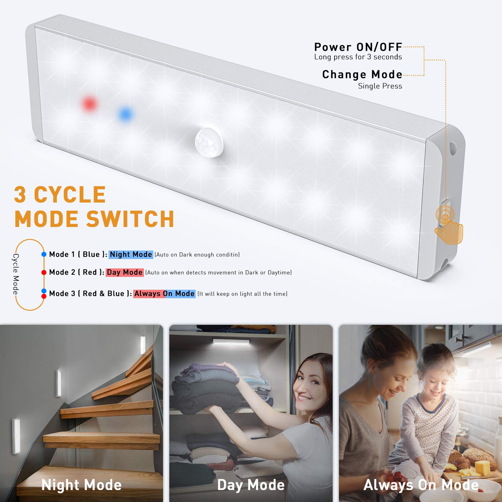 5-Pack USB Rechargeable LED Closet Lights with Motion Sensor & Remote Control - Wireless Under Cabinet Lighting for Wardrobe, Kitchen, Stairs, Hallway - Dimmable Stick-On Night Lights for Safety & Convenience
