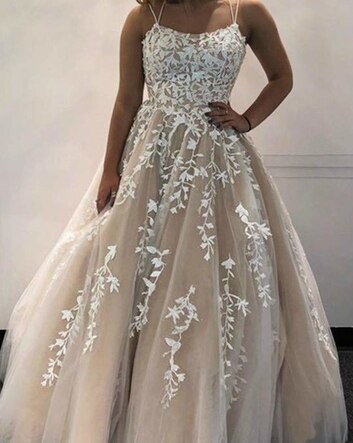 Serene Hill White Nude A-Line Prom Dress 2025 | Crystal Lace Flower Spaghetti Strap Graduation Gown LA70506 | Perfect for School Dances, Formal Parties & Special Occasions