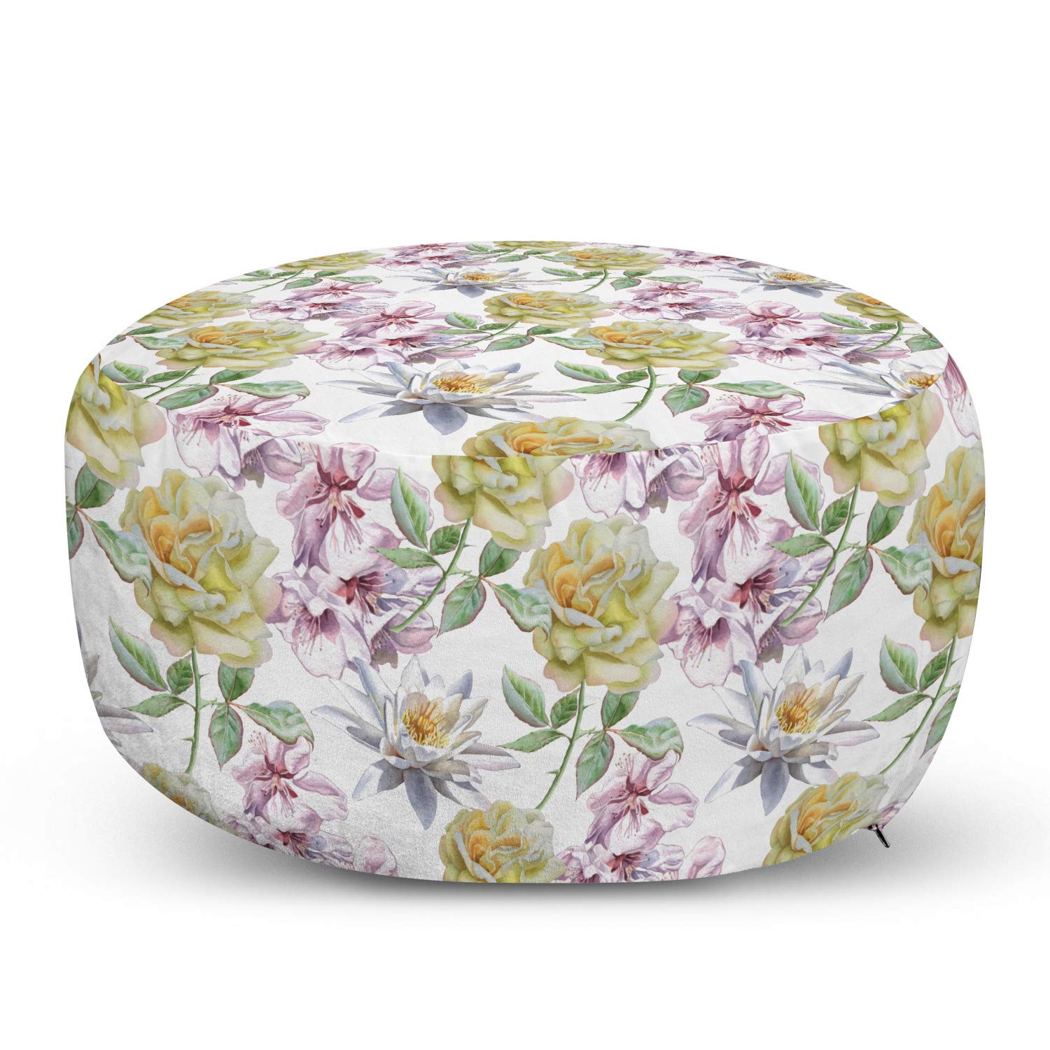 Ambesonne Floral Ottoman Pouf - Rose Petals Sakura Lily Design, Soft Foot Rest with Removable Cover for Living Room & Bedroom - Fern Green & Pale Pink - Perfect for Home Decor, Relaxation & Extra Seating